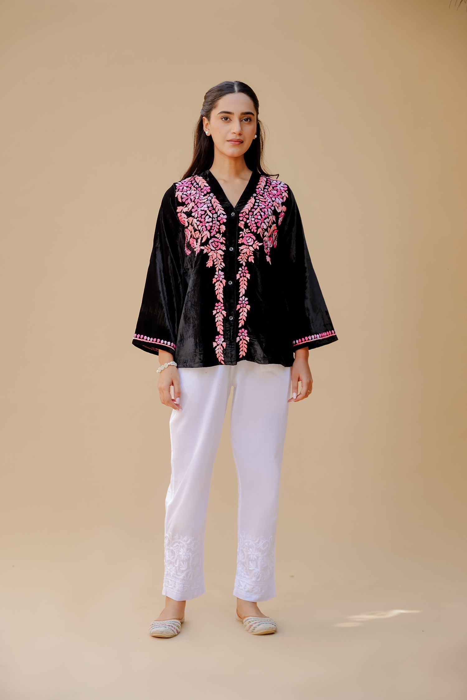 Velvet Chikankari Short Kurti – Black