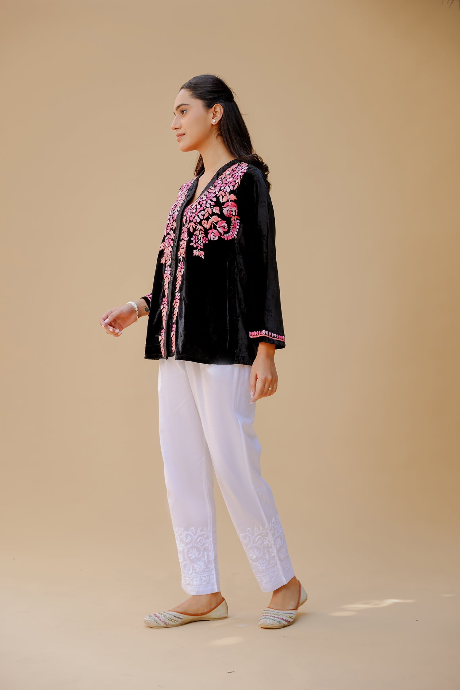 Velvet Chikankari Short Kurti – Black