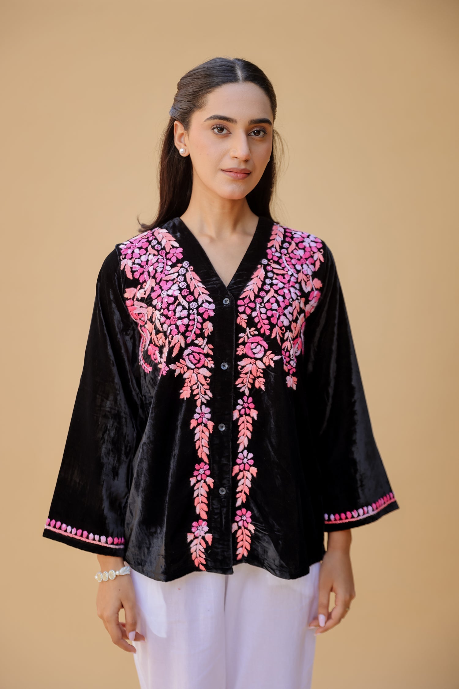 Velvet Chikankari Short Kurti – Black