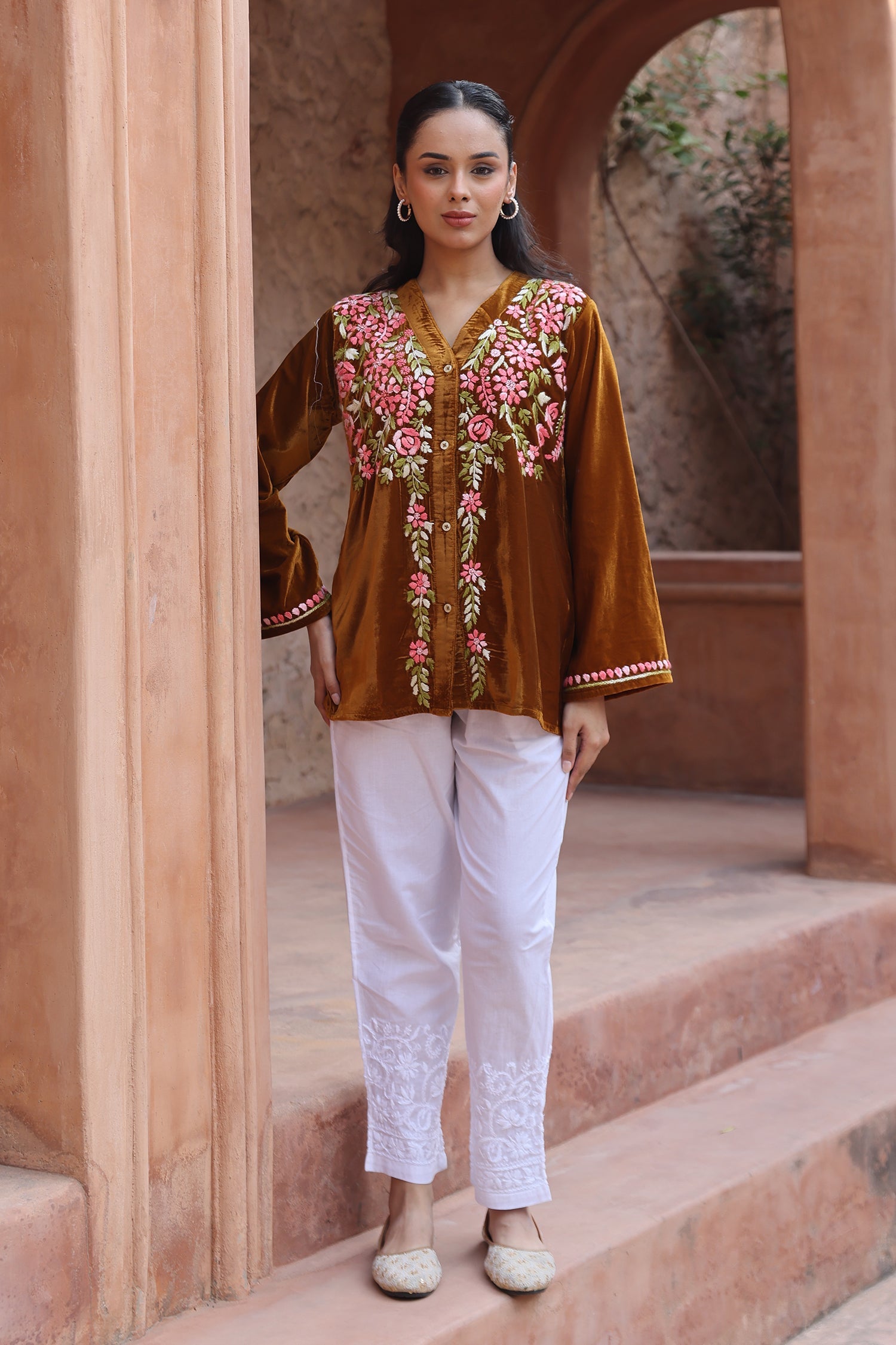 Velvet Chikankari Short Kurti – Brown