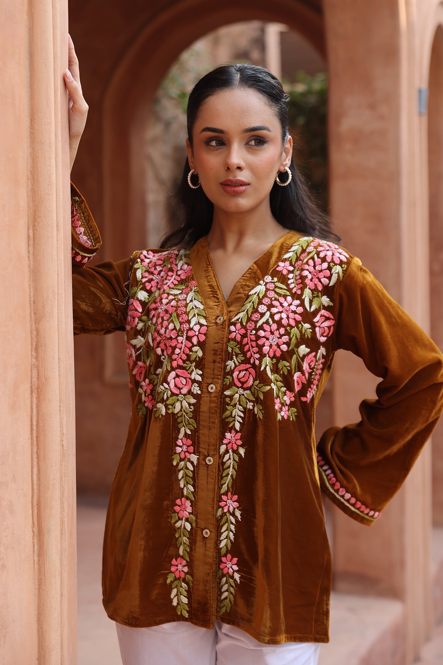 Velvet Chikankari Short Kurti – Brown