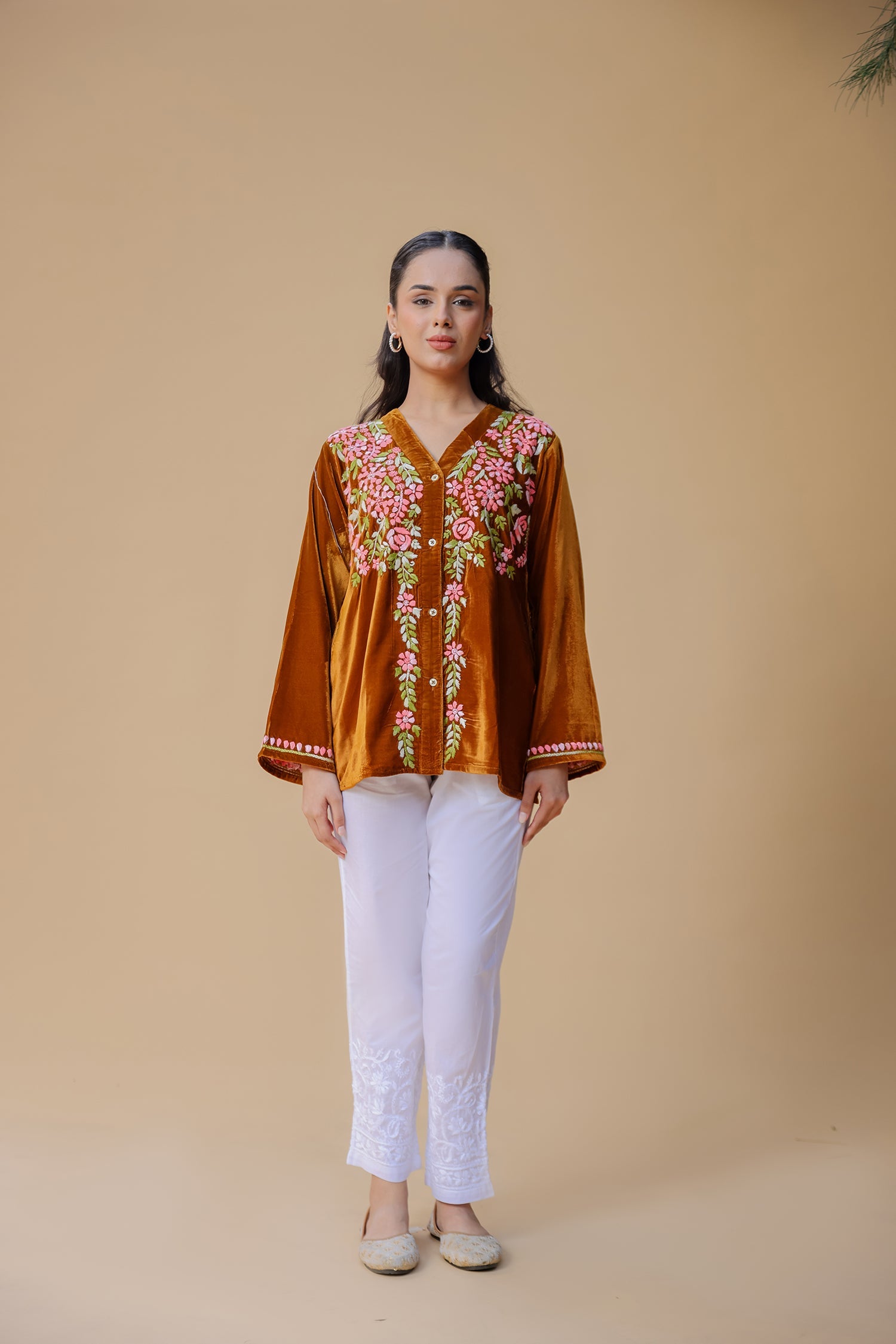 Velvet Chikankari Short Kurti – Brown