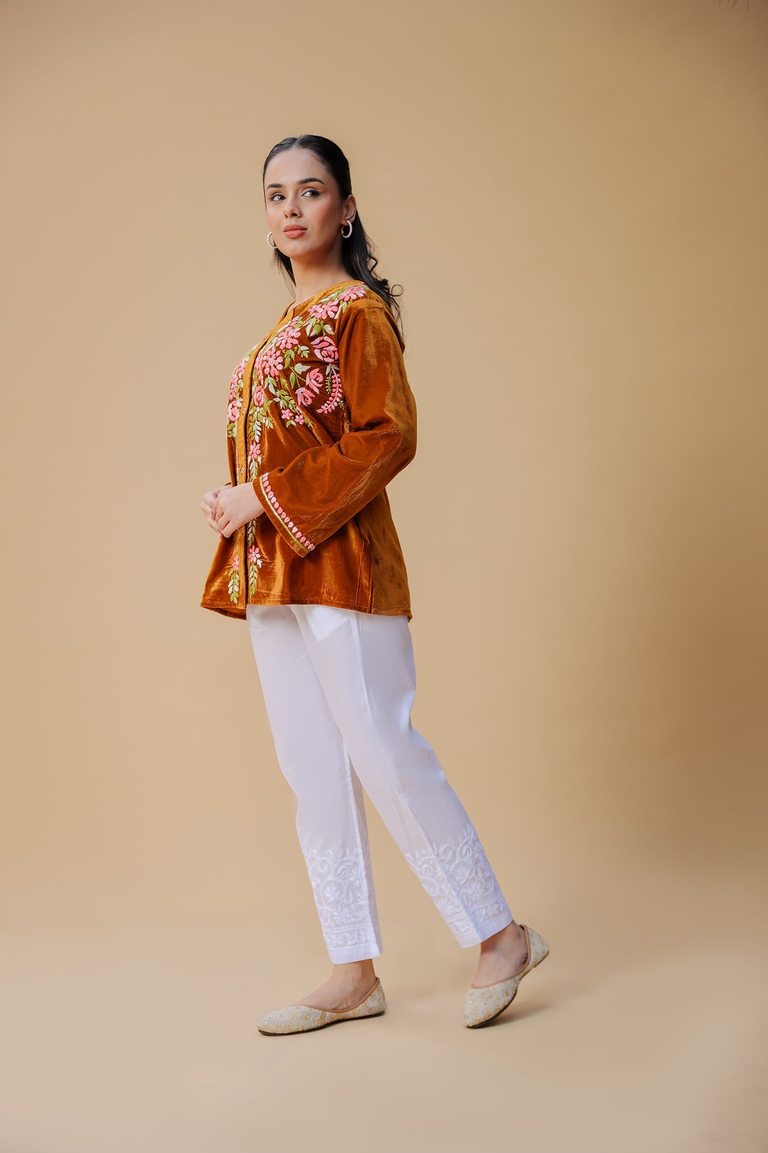 Velvet Chikankari Short Kurti – Brown