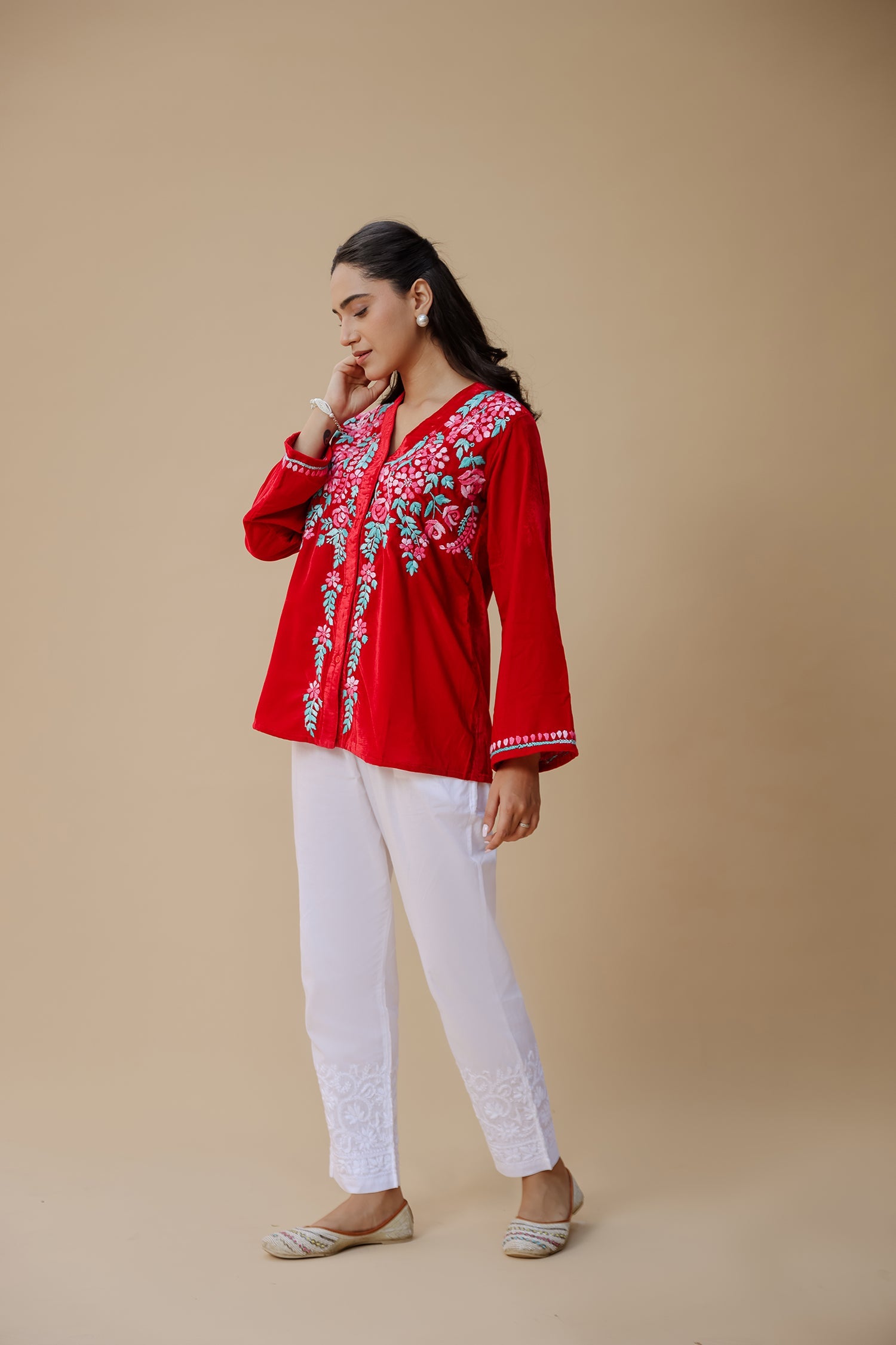 Velvet Chikankari Short Kurti – Red