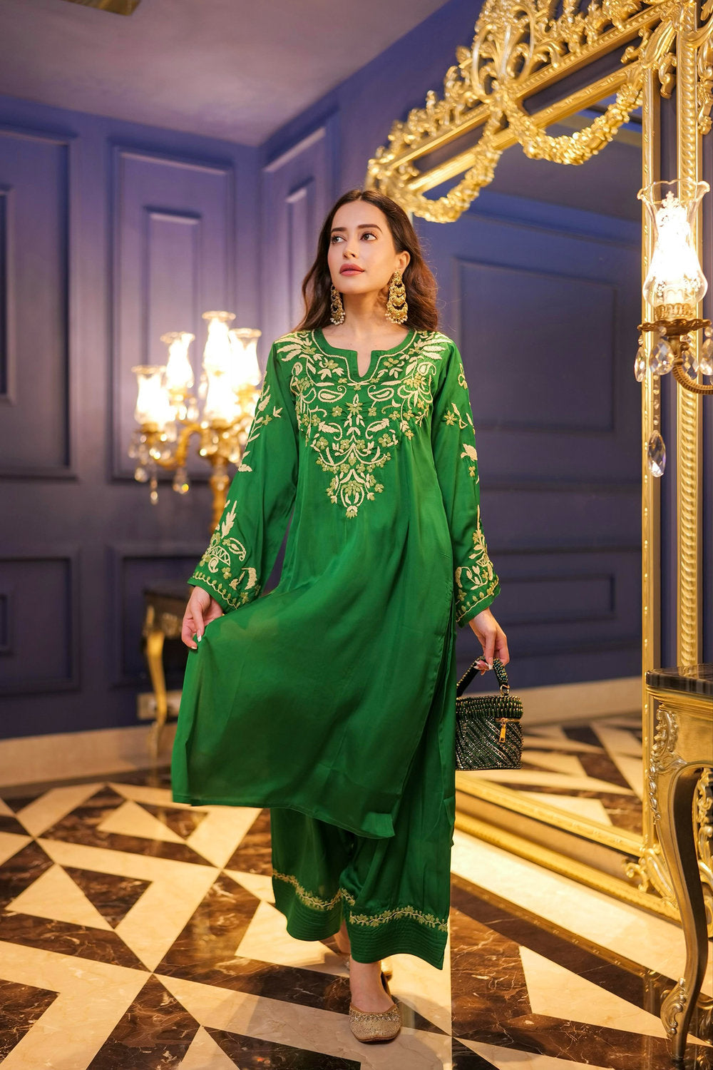 Komal X HOK Chikankari Kurta Set in Satin Silk with Farsi Pants – Green