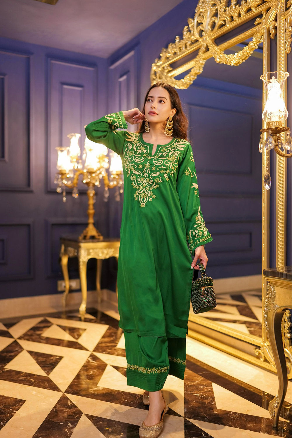 Komal X HOK Chikankari Kurta Set in Satin Silk with Farsi Pants – Green