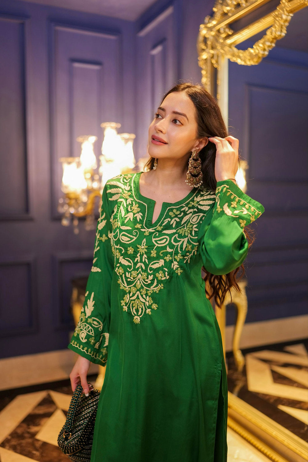 Komal X HOK Chikankari Kurta Set in Satin Silk with Farsi Pants – Green