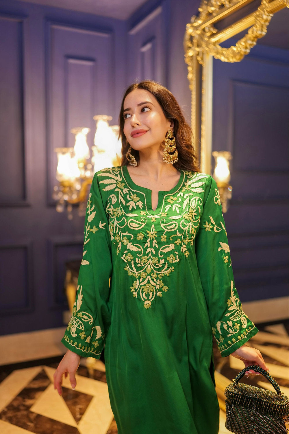 Komal X HOK Chikankari Kurta Set in Satin Silk with Farsi Pants – Green