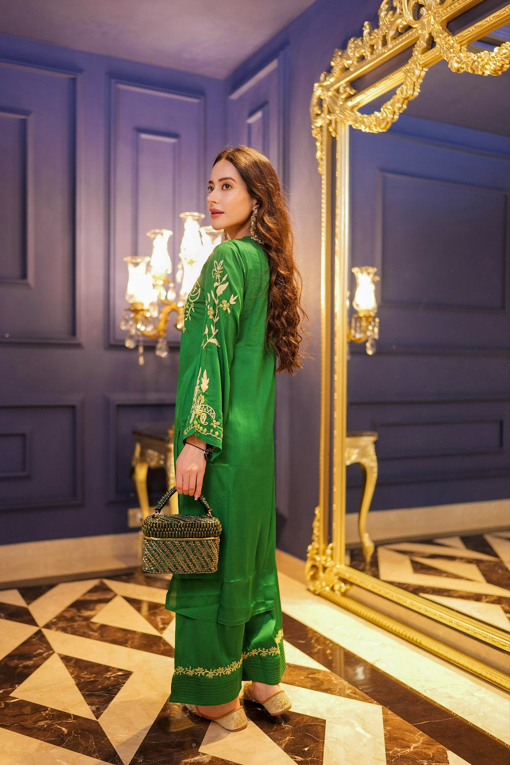 Komal X HOK Chikankari Kurta Set in Satin Silk with Farsi Pants – Green