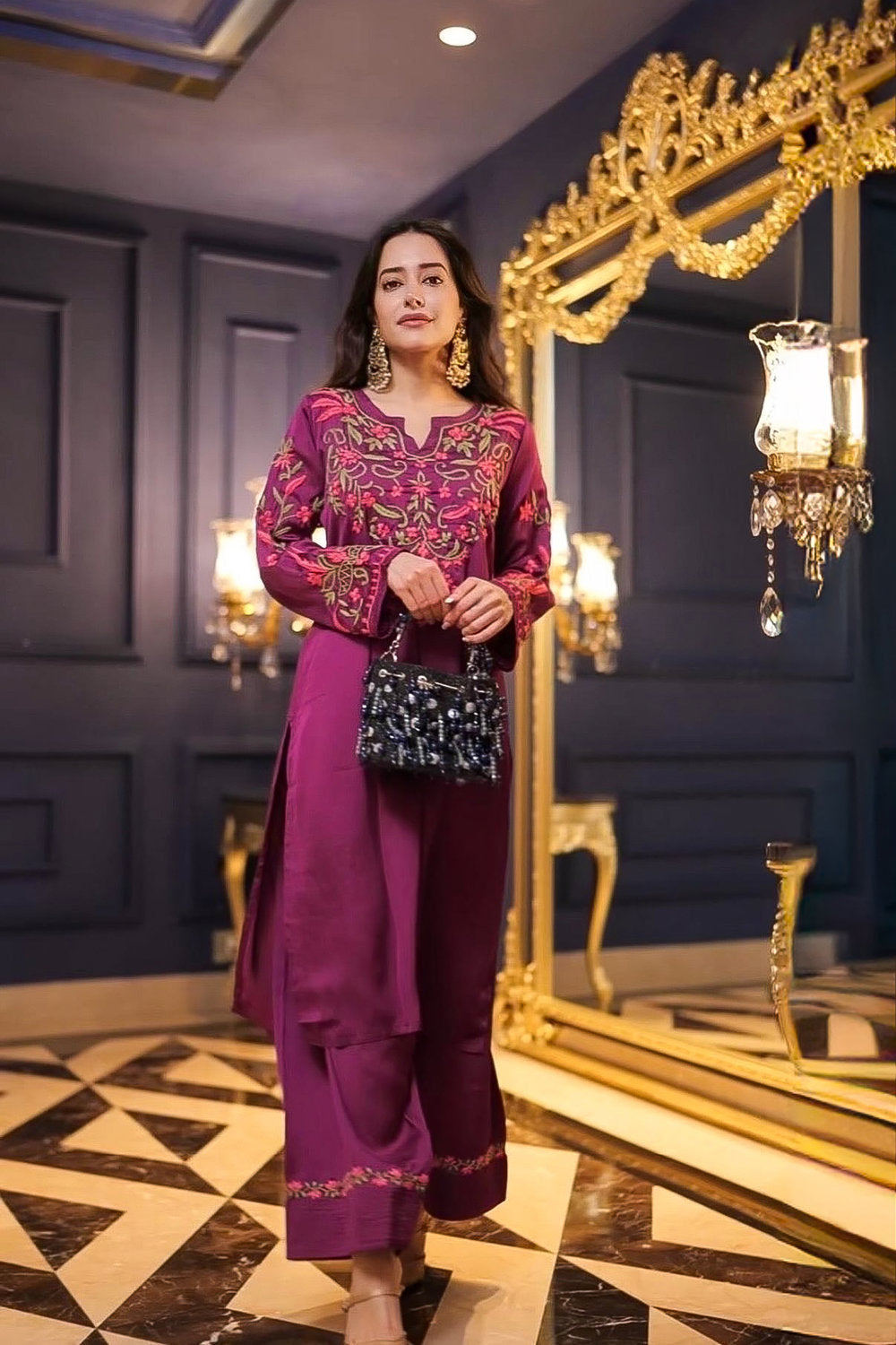 Komal X HOK Chikankari Kurta Set in Satin Silk with Farsi Pants – Purple