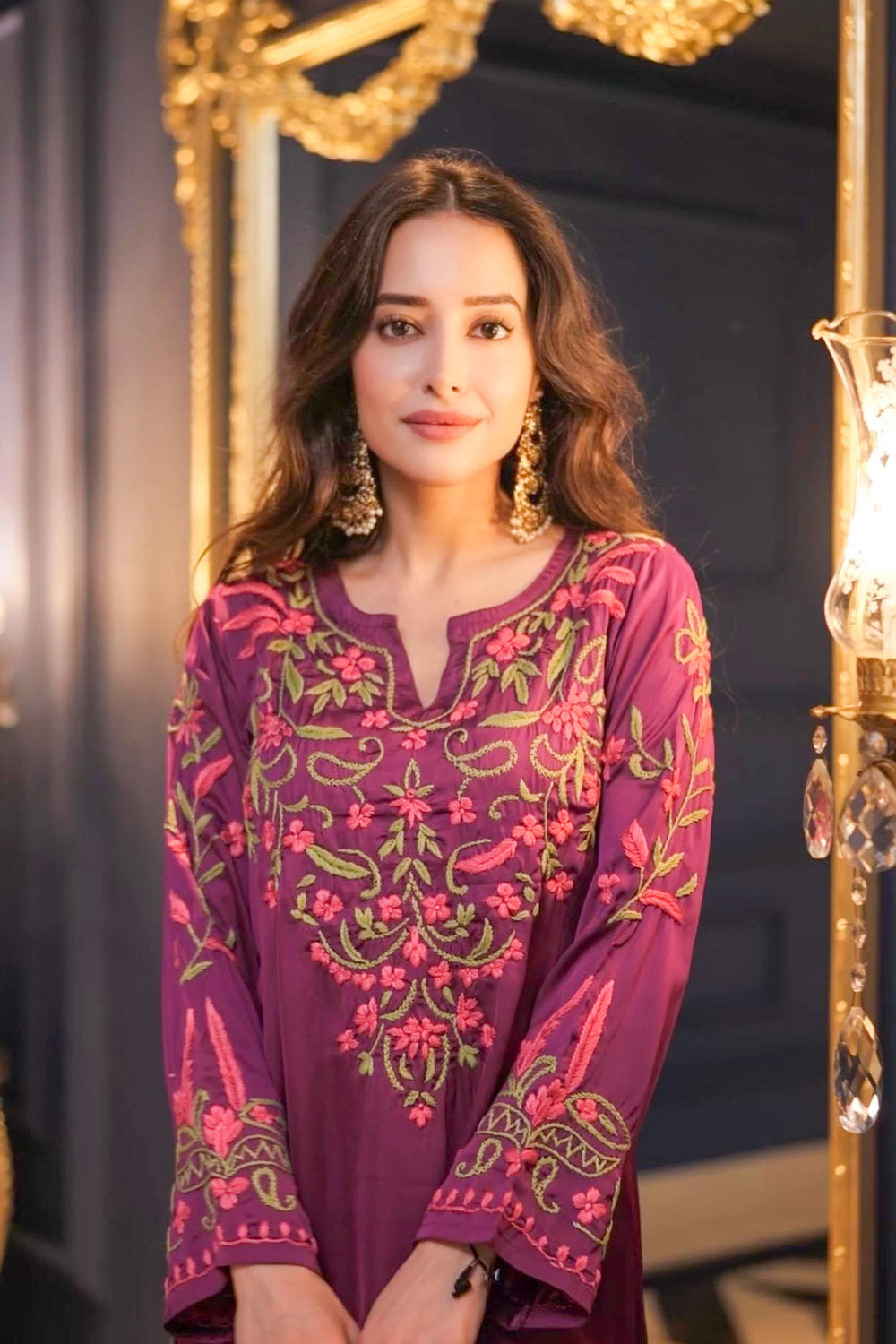 Komal X HOK Chikankari Kurta Set in Satin Silk with Farsi Pants – Purple