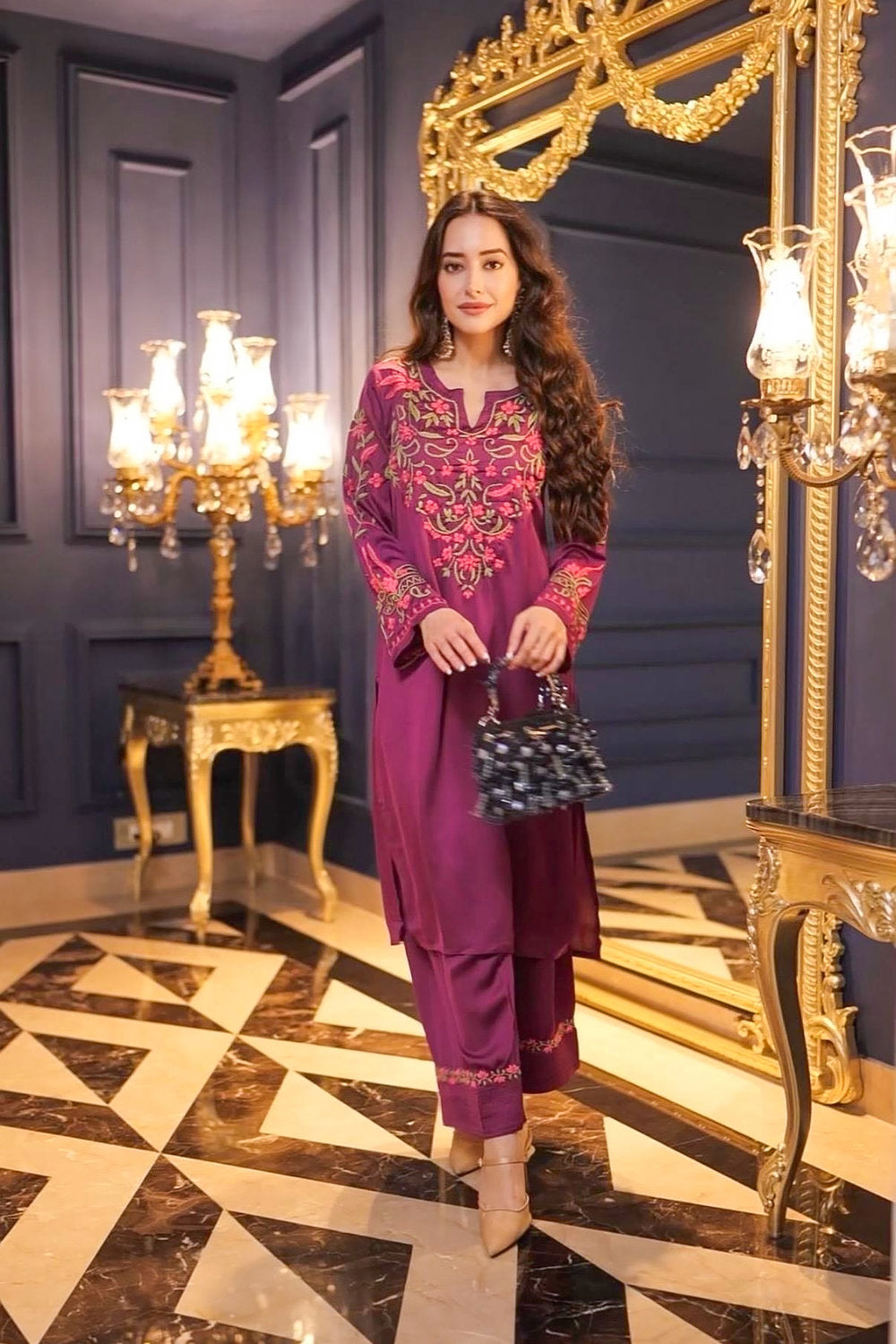 Komal X HOK Chikankari Kurta Set in Satin Silk with Farsi Pants – Purple