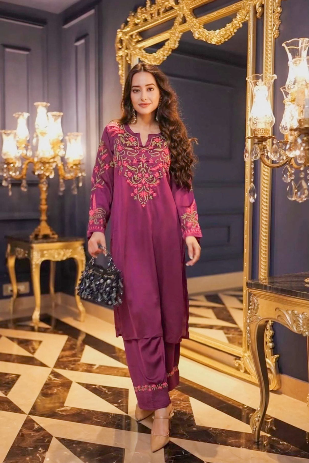 Komal X HOK Chikankari Kurta Set in Satin Silk with Farsi Pants – Purple