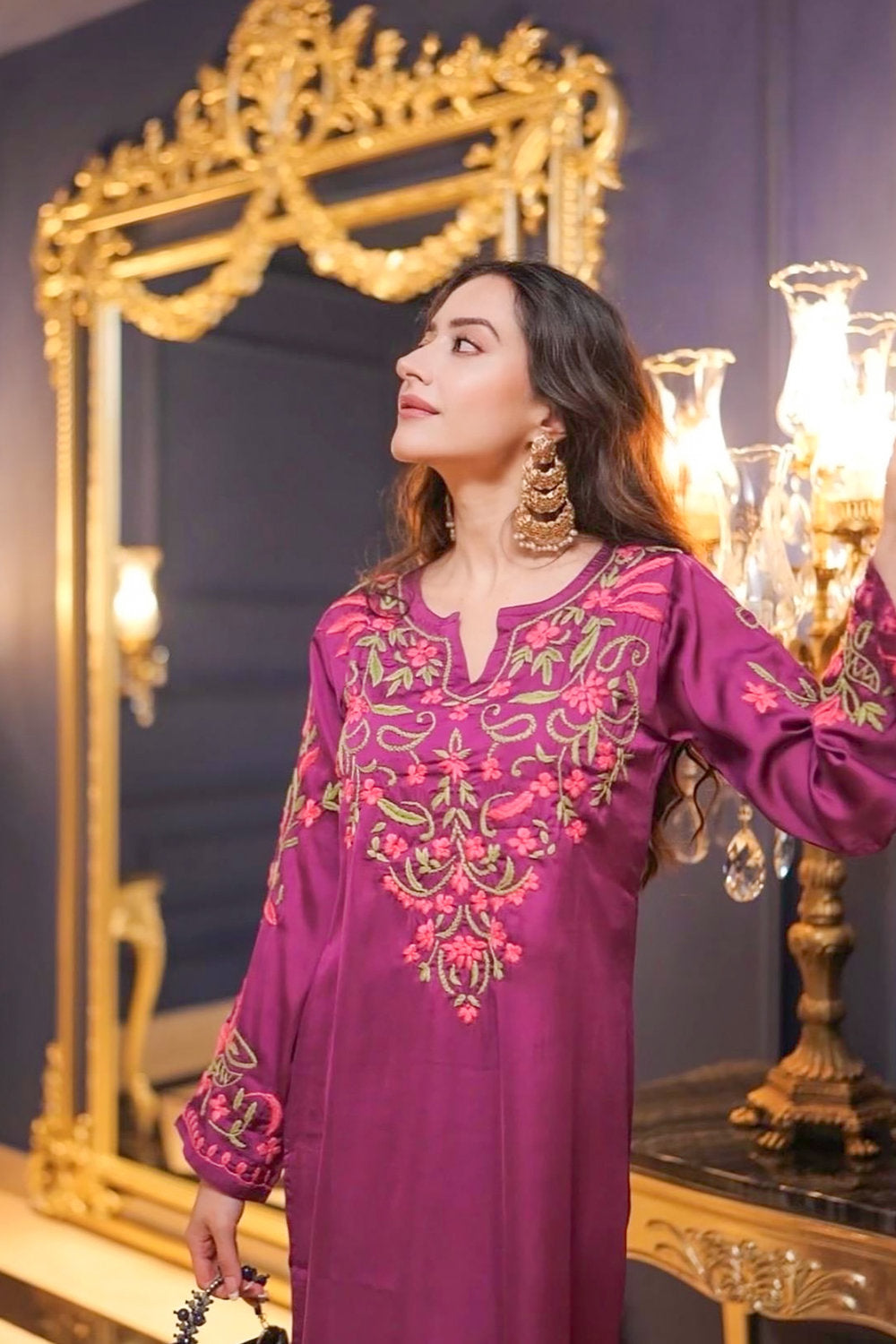 Komal X HOK Chikankari Kurta Set in Satin Silk with Farsi Pants – Purple