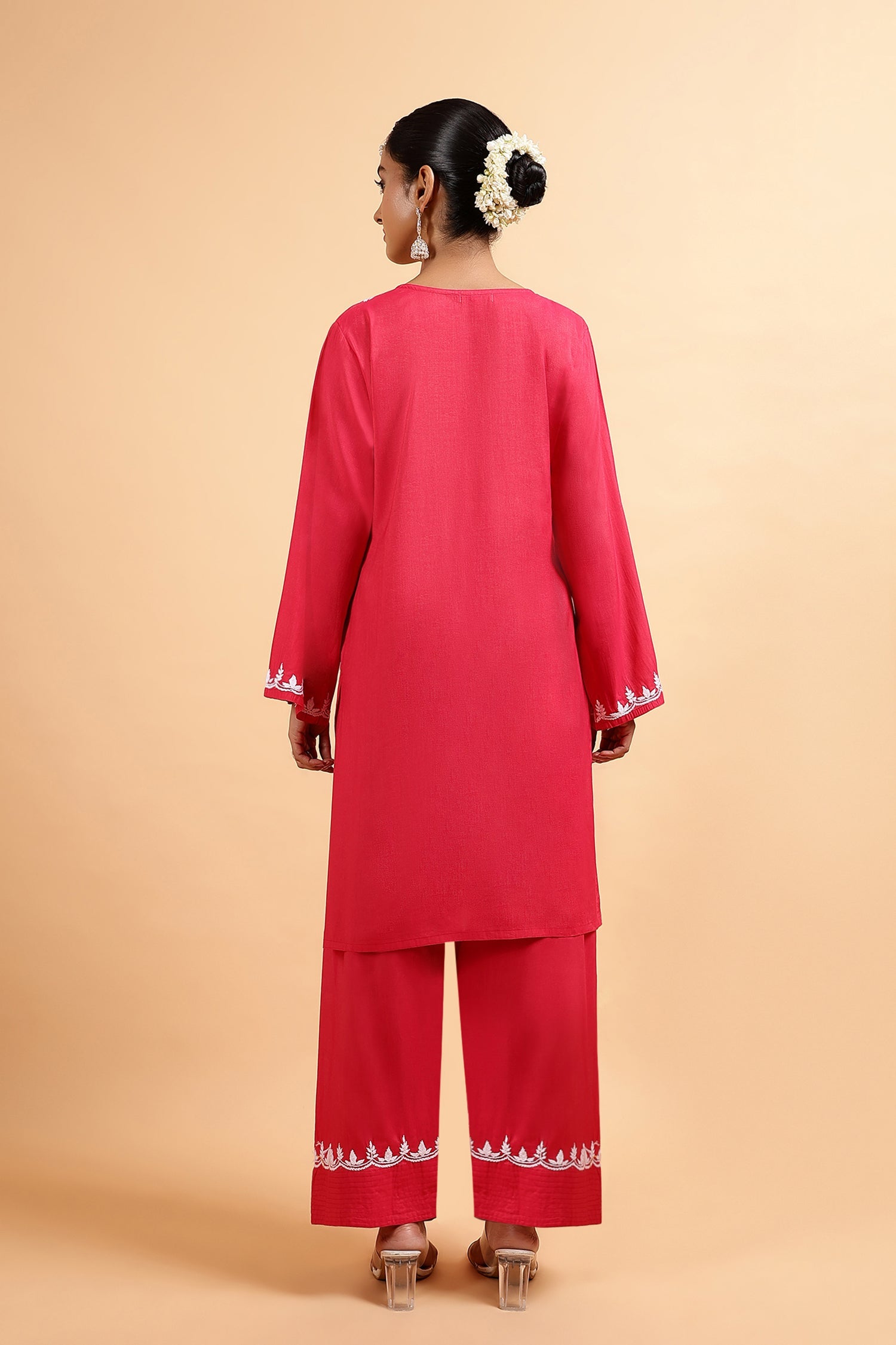 Chikankari Kurta Set in Viscose with Farsi Pants – Red