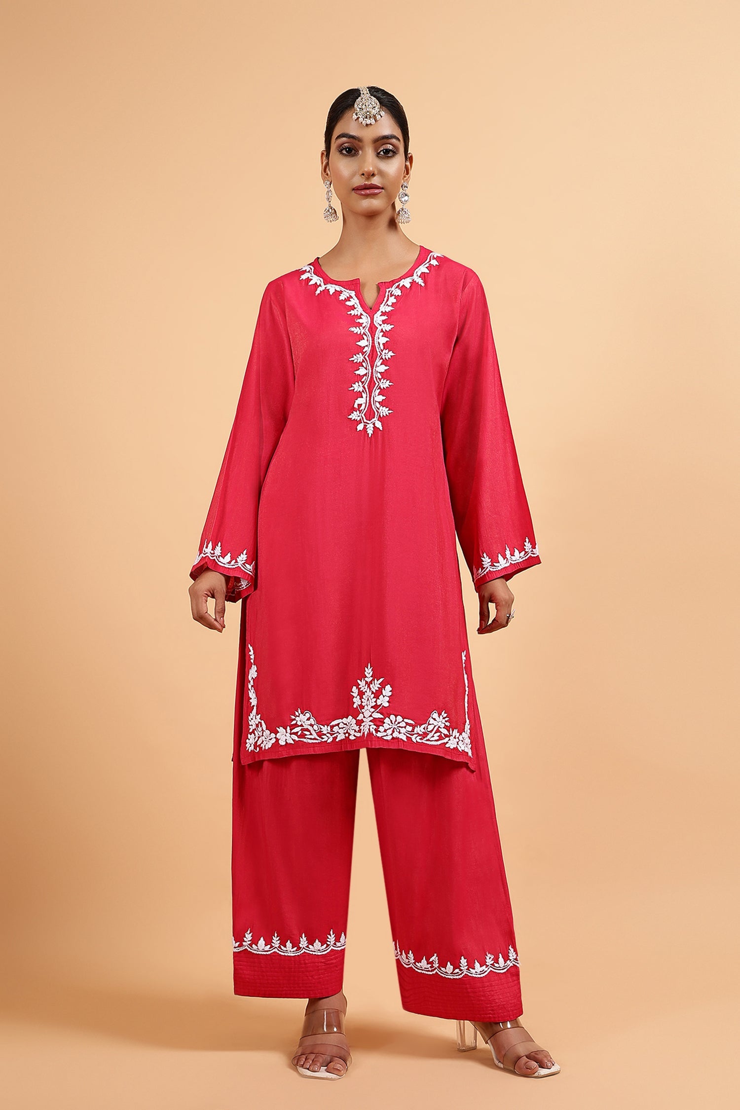 Chikankari Kurta Set in Viscose with Farsi Pants – Red
