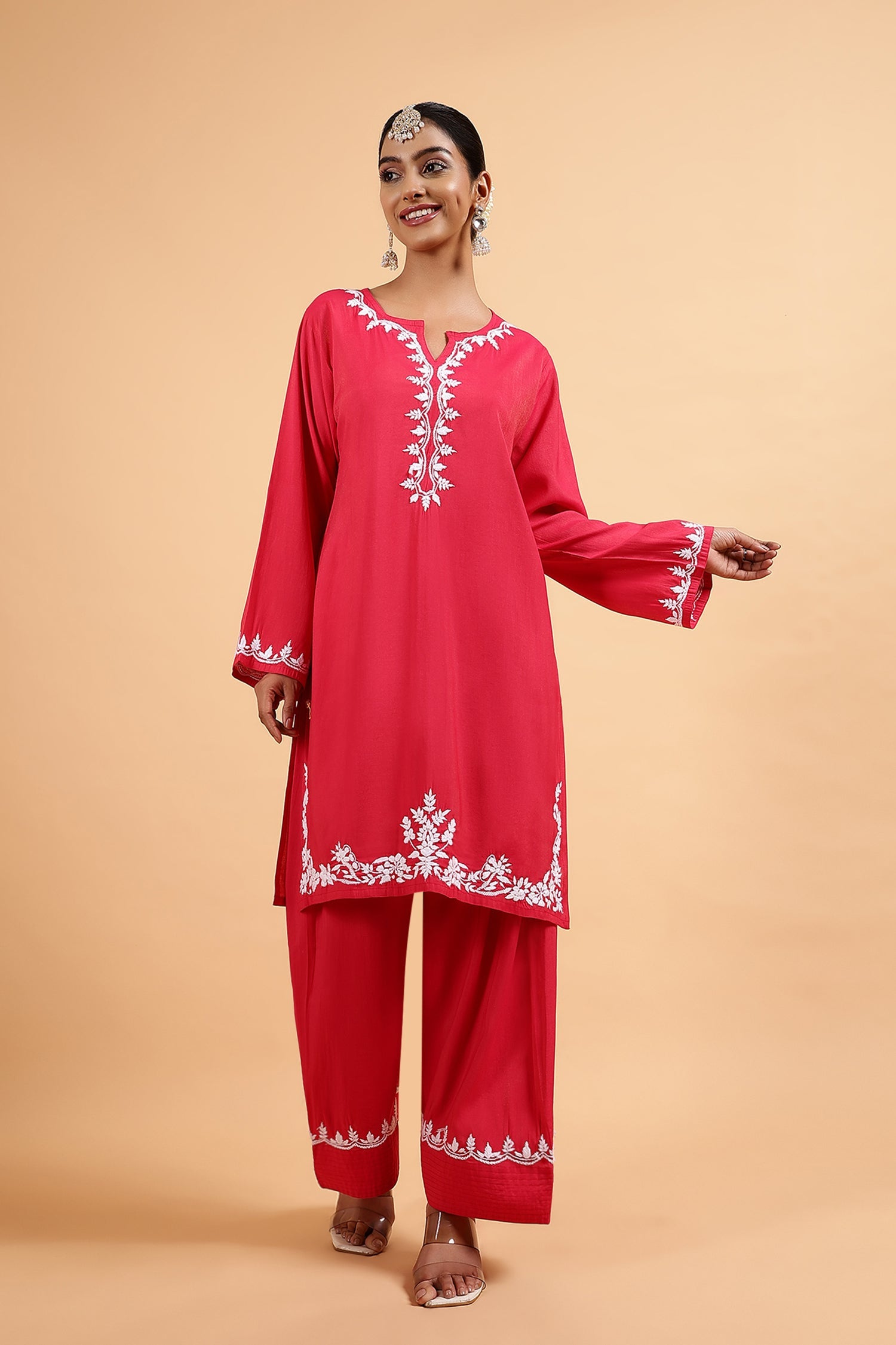 Chikankari Kurta Set in Viscose with Farsi Pants – Red