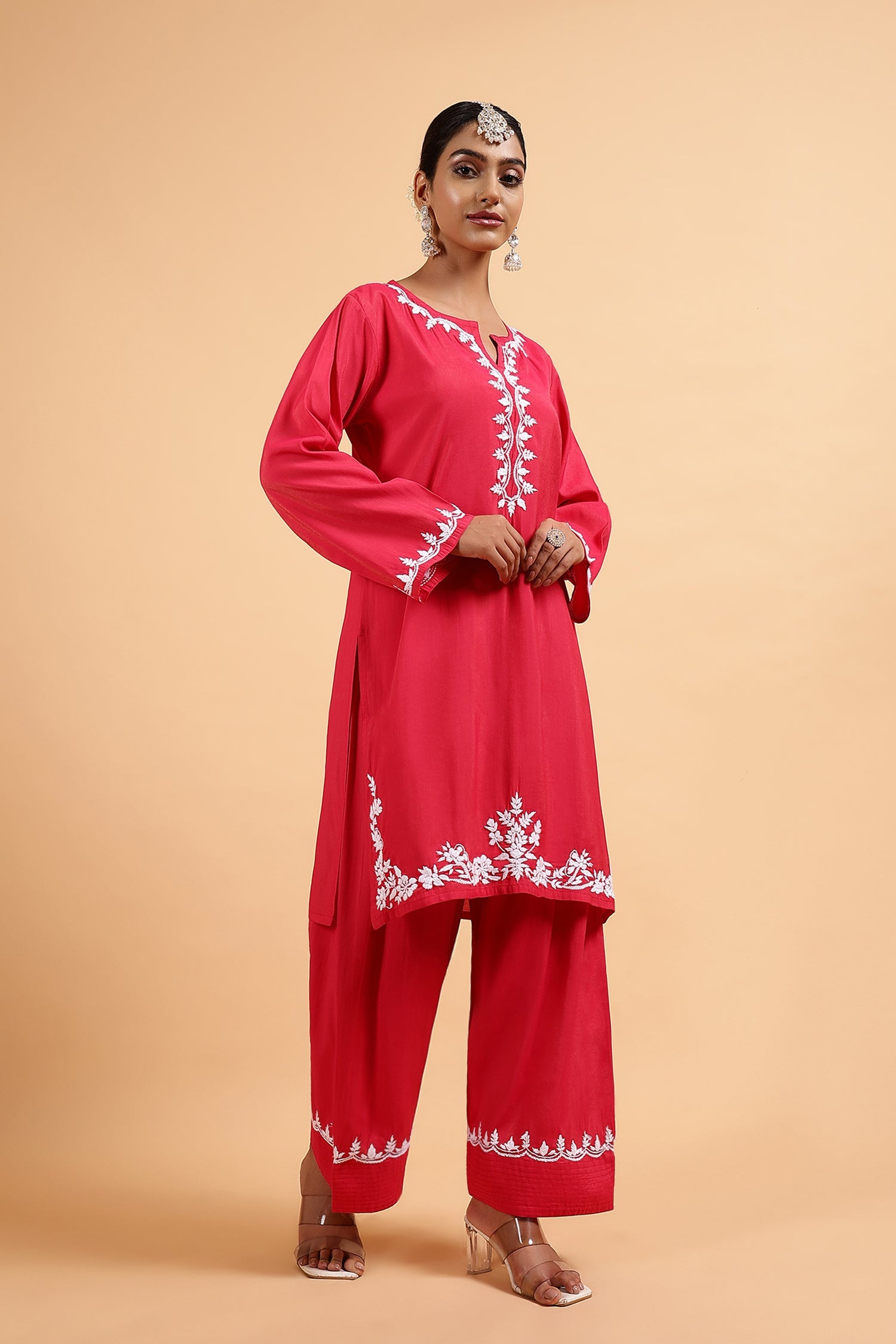 Chikankari Kurta Set in Viscose with Farsi Pants – Red