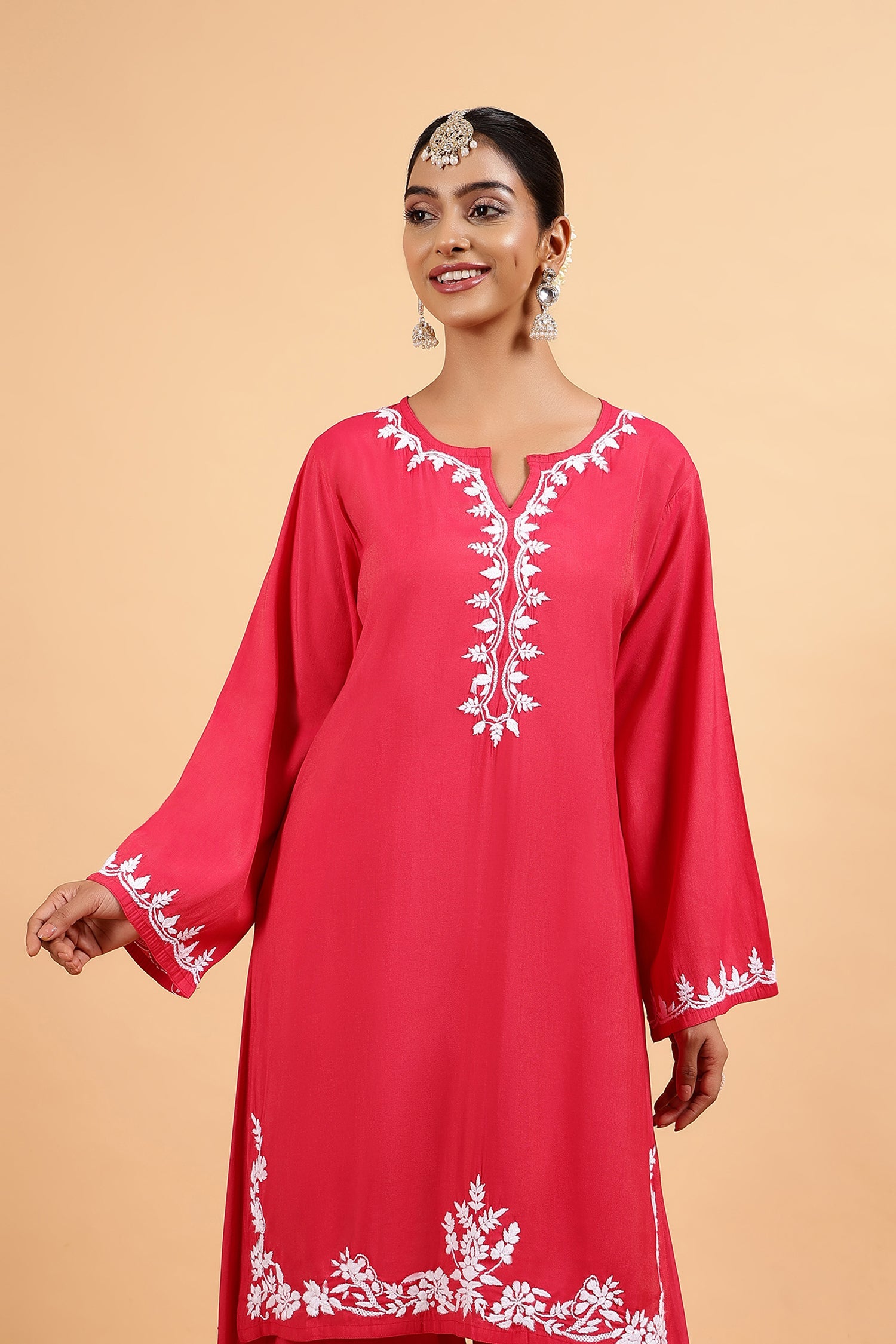 Chikankari Kurta Set in Viscose with Farsi Pants – Red