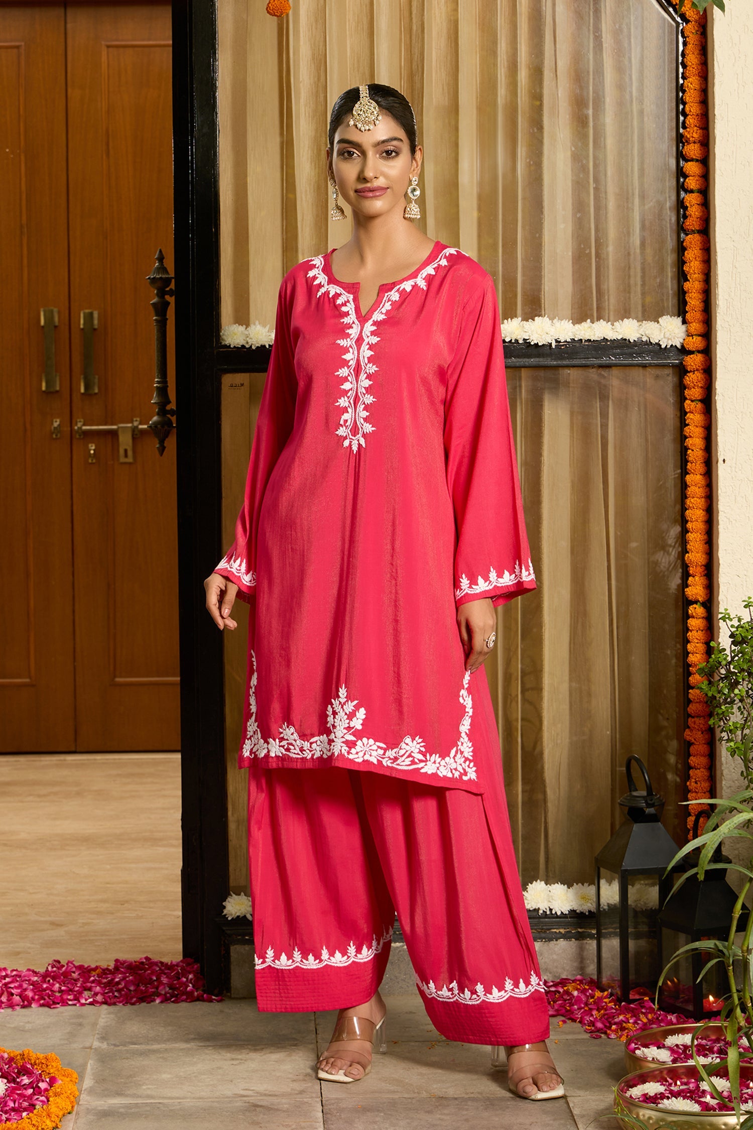 Chikankari Kurta Set in Viscose with Farsi Pants – Red