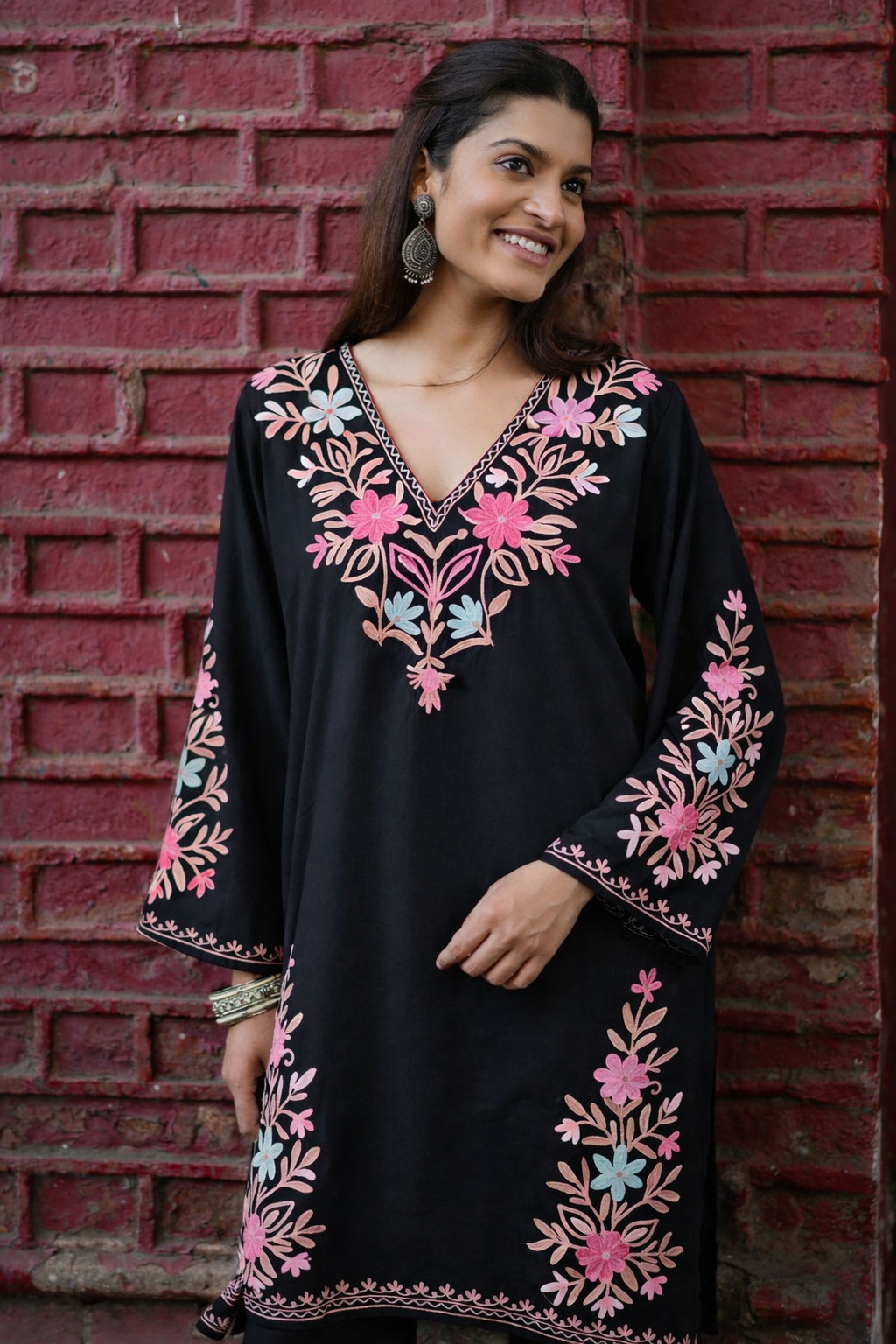 Cotton Kashmiri Aari Embroidered Long Kurta - Black