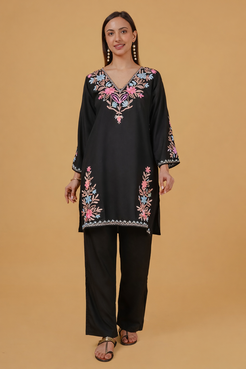 Cotton Kashmiri Aari Embroidered Long Kurta - Black