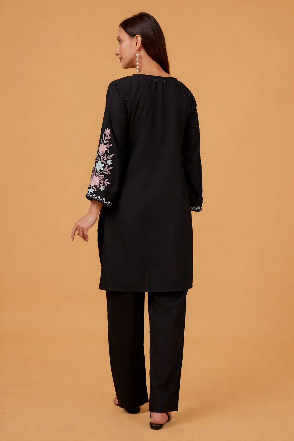 Cotton Kashmiri Aari Embroidered Long Kurta - Black