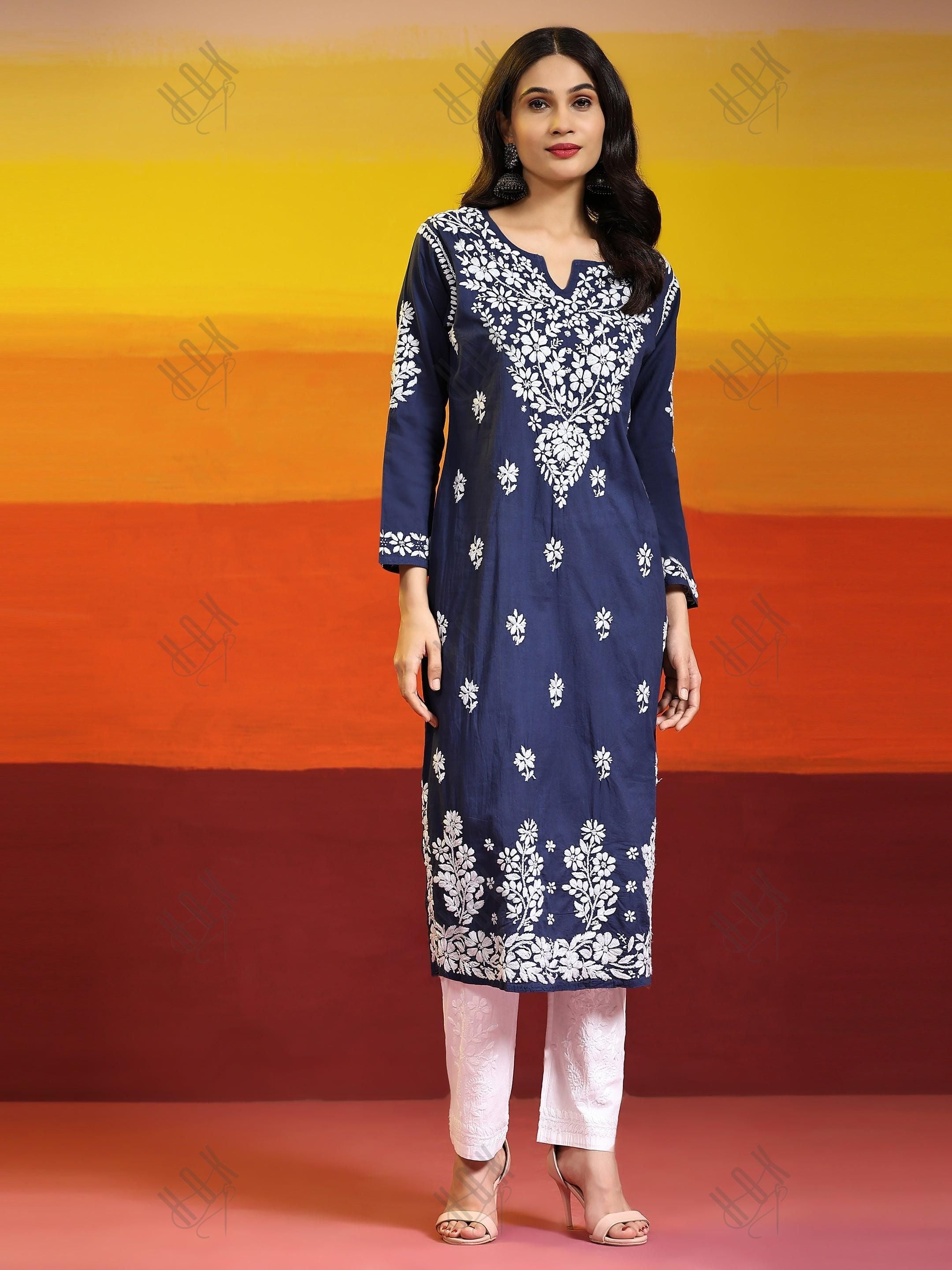 Samma Chikankari Long kurti In Cotton for Women - Navy Blue With White - House Of Kari (Chikankari Clothing)