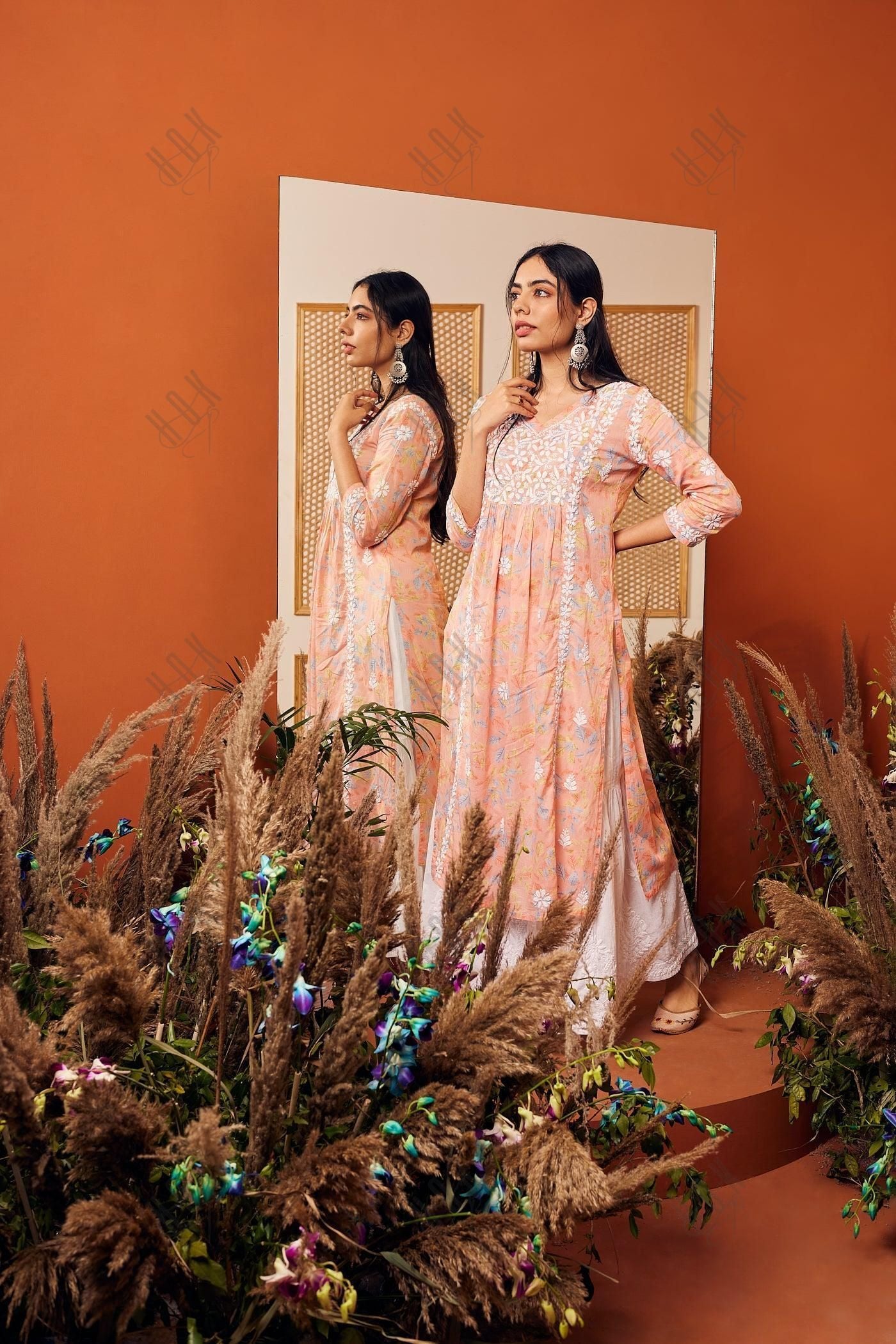 Samma Mul Printed Hand Embroidery Chikankari Kurta- Peach - House Of Kari (Chikankari Clothing)