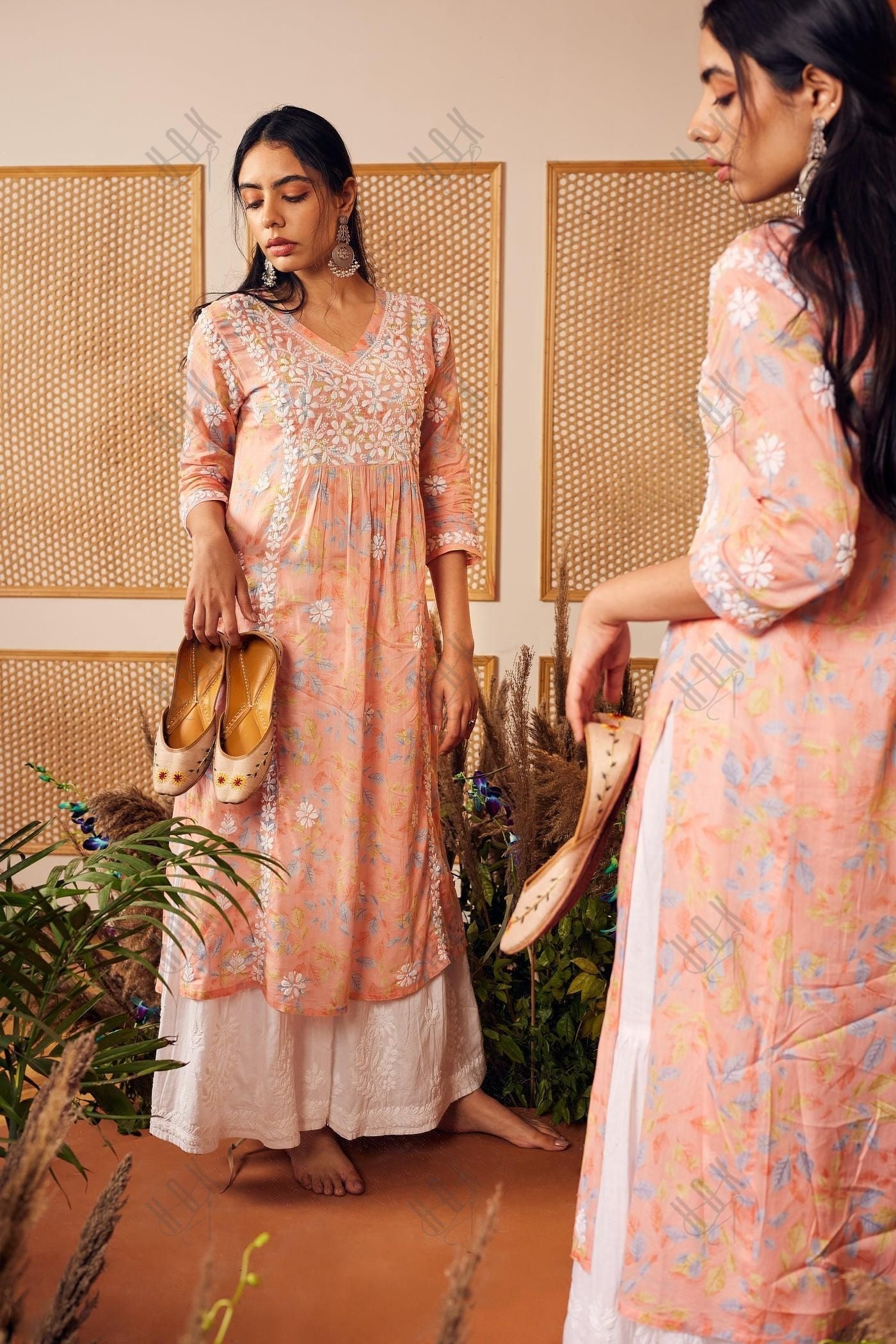 Samma Mul Printed Hand Embroidery Chikankari Kurta- Peach - House Of Kari (Chikankari Clothing)