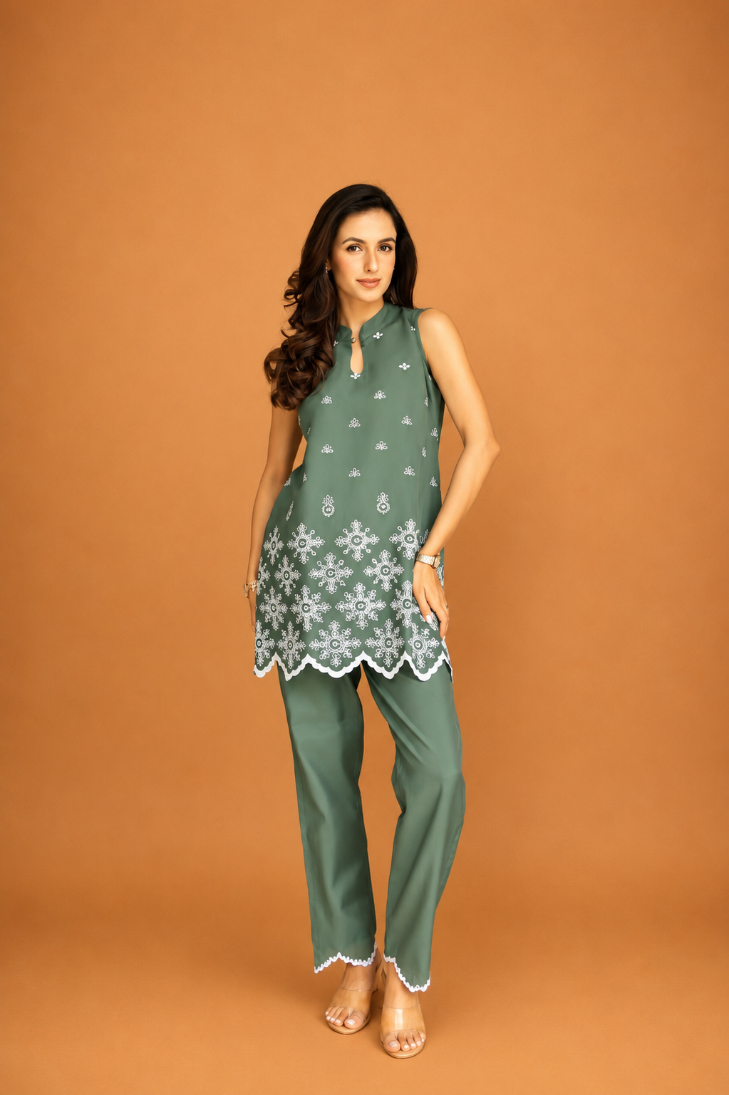 Mul Chanderi Silk Kurta Set  Laser-Cut - Sage Green