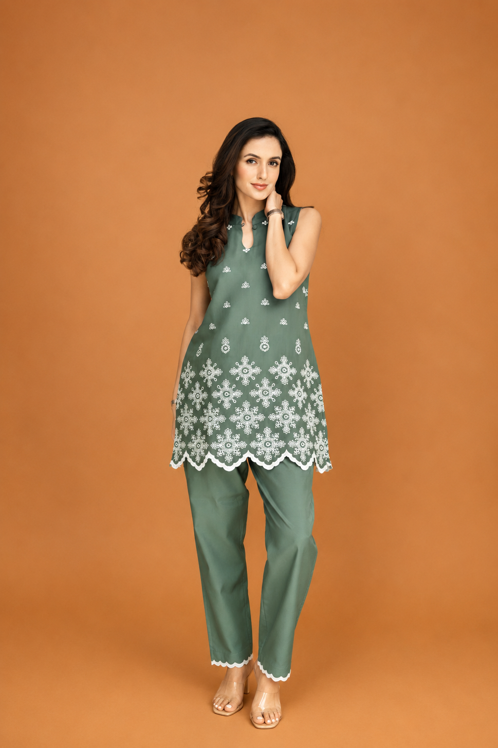 Mul Chanderi Silk Kurta Set  Laser-Cut - Sage Green