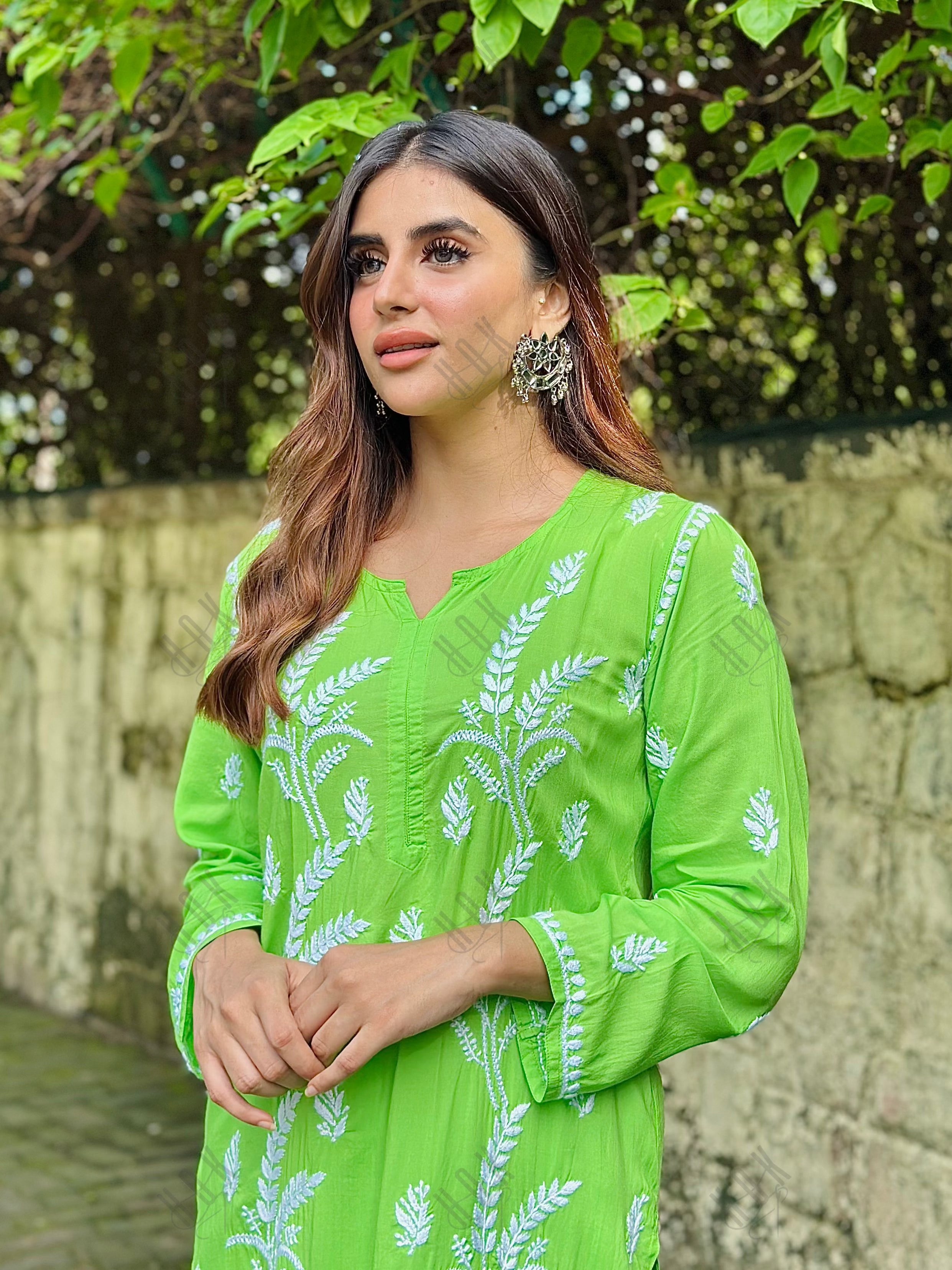 Miesha in Chikankari Short Modal Kurta Set - Green - House Of Kari (Chikankari Clothing)