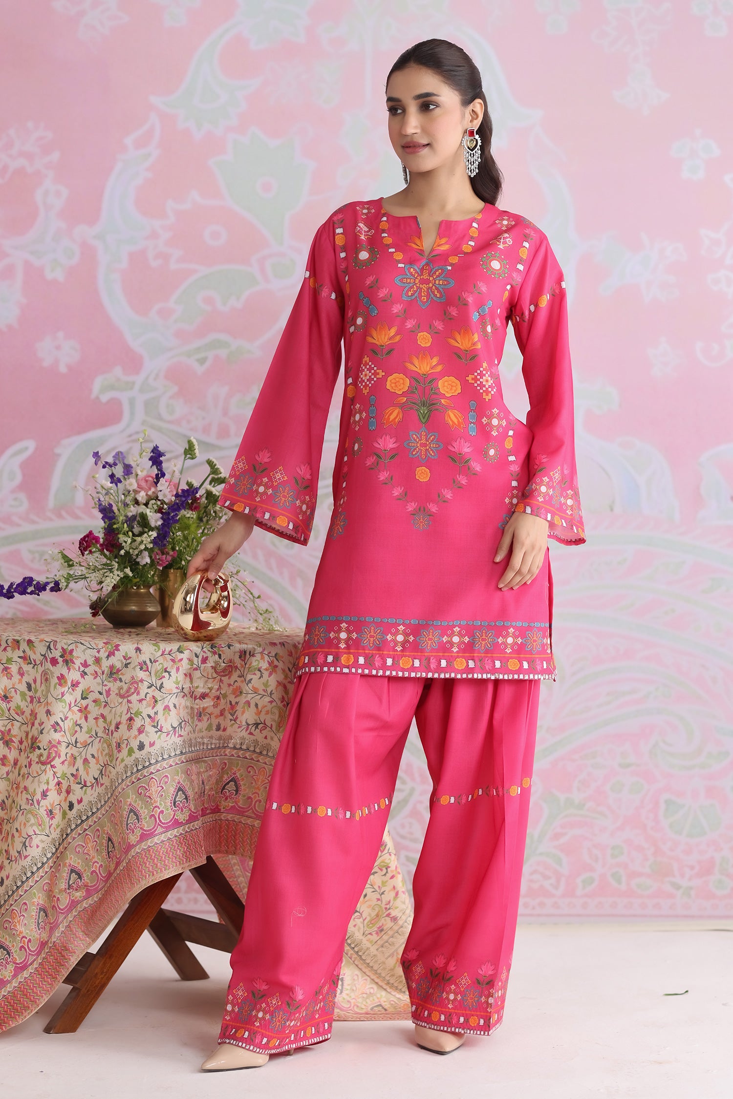 Raspberry Pink Printed Lawn Cotton Kurta Set with Farsi Pants