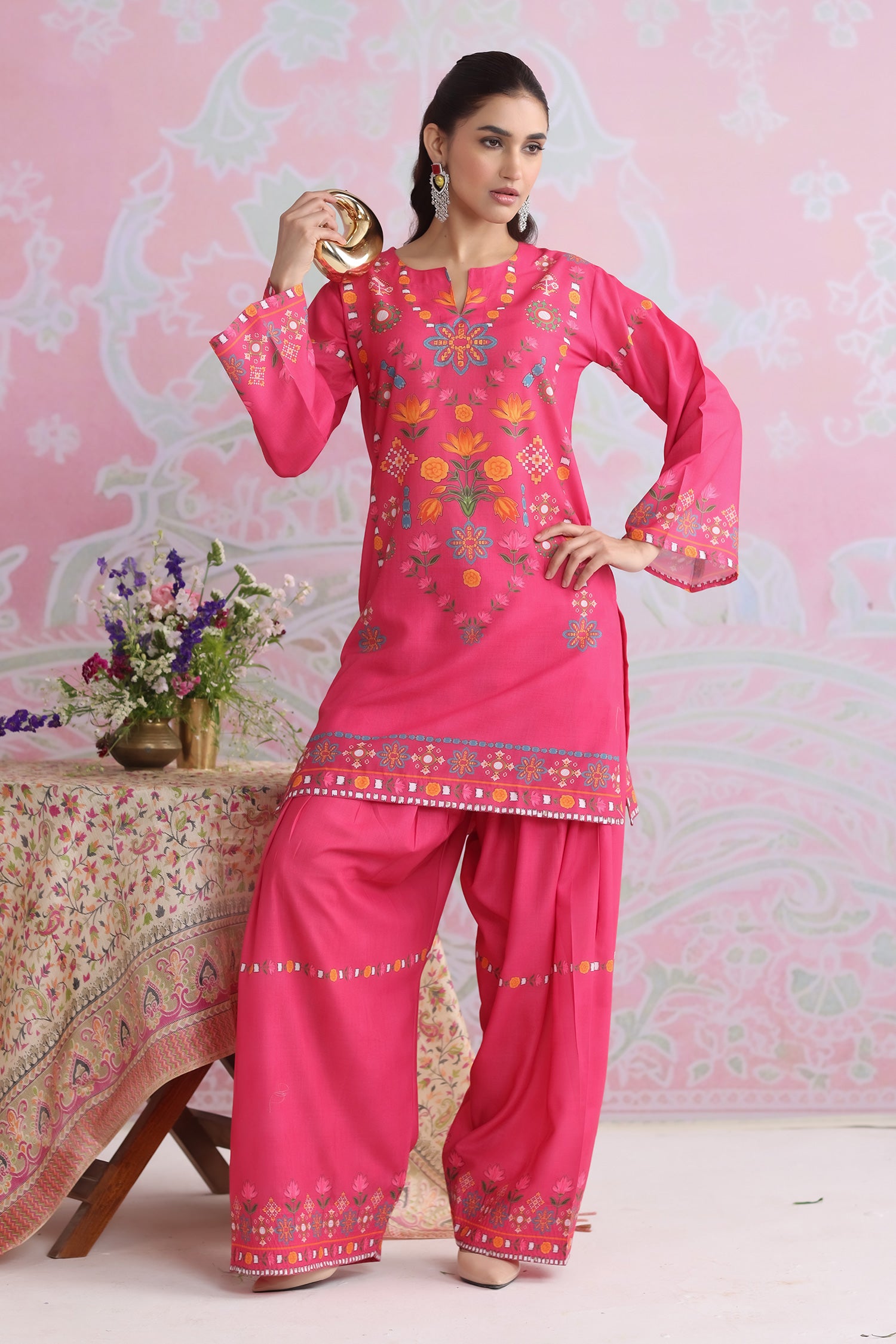 Raspberry Pink Printed Lawn Cotton Kurta Set with Farsi Pants