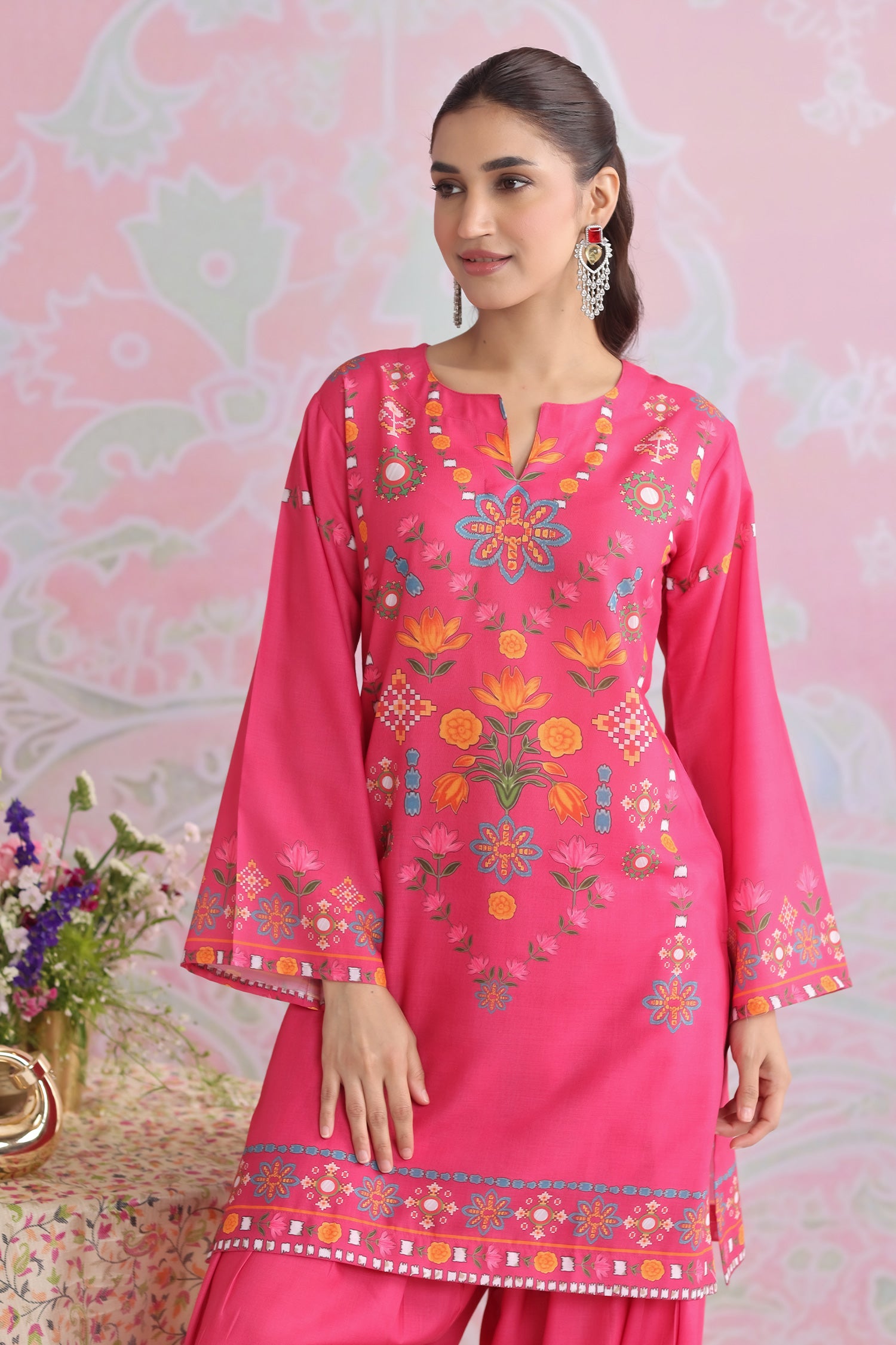 Raspberry Pink Printed Lawn Cotton Kurta Set with Farsi Pants