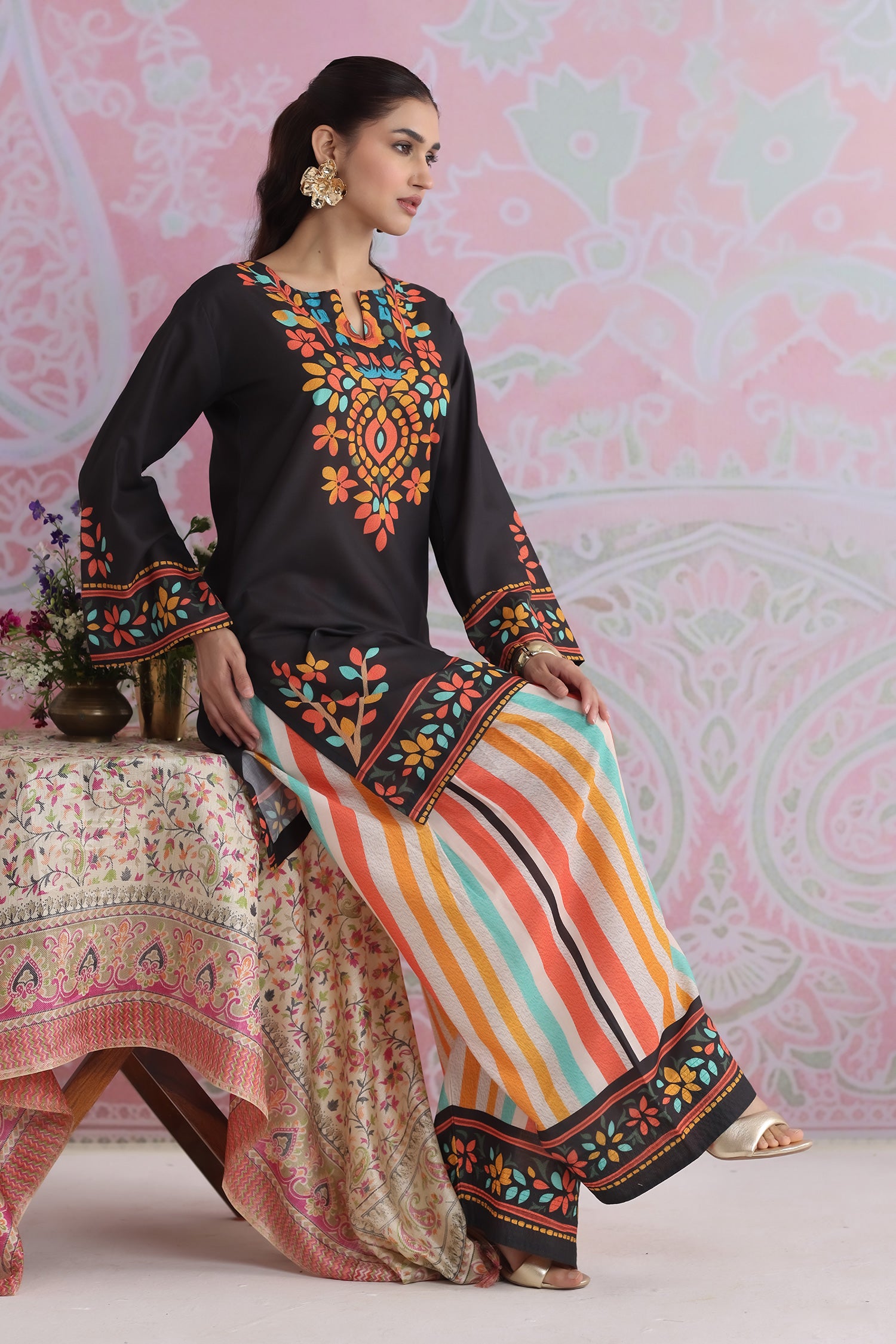 Black Multicolour Printed Lawn Cotton Kurta Set with Farsi Pants