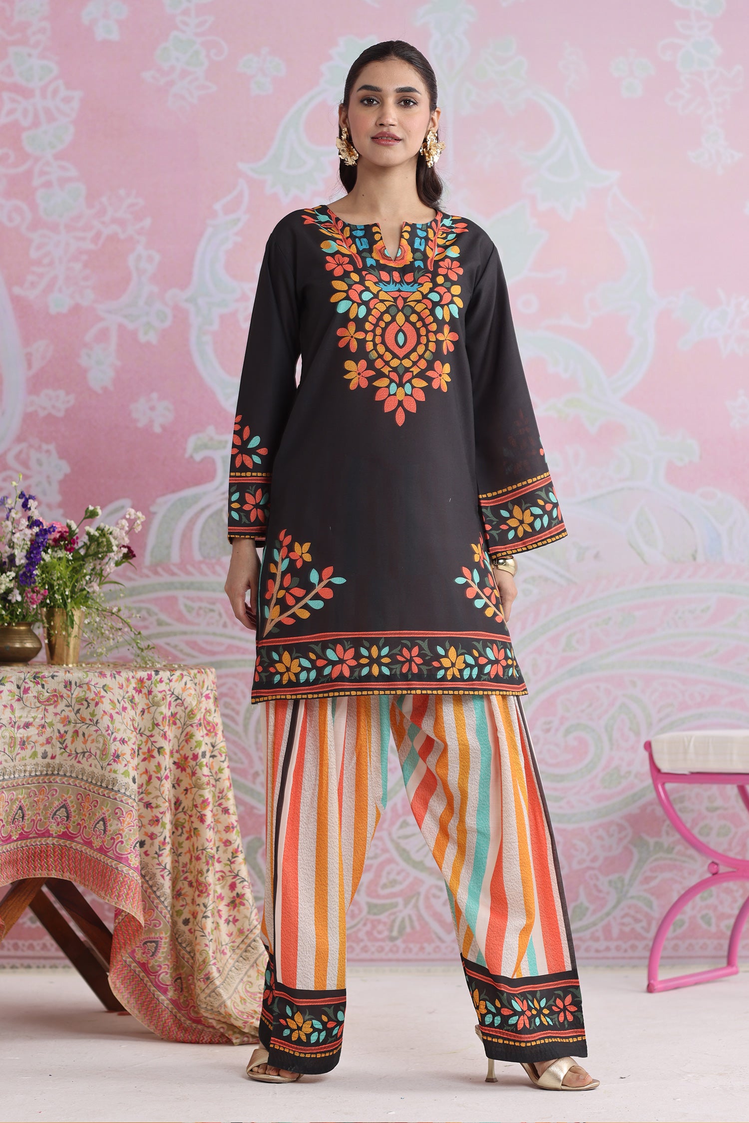 Black Multicolour Printed Lawn Cotton Kurta Set with Farsi Pants