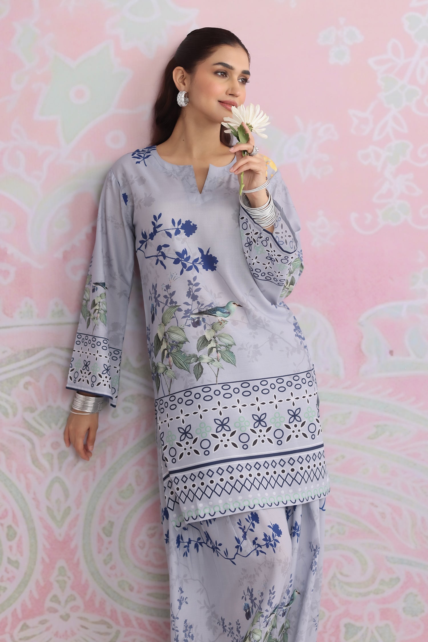 Grey Printed Lawn Cotton Kurta Set with Farsi Pants