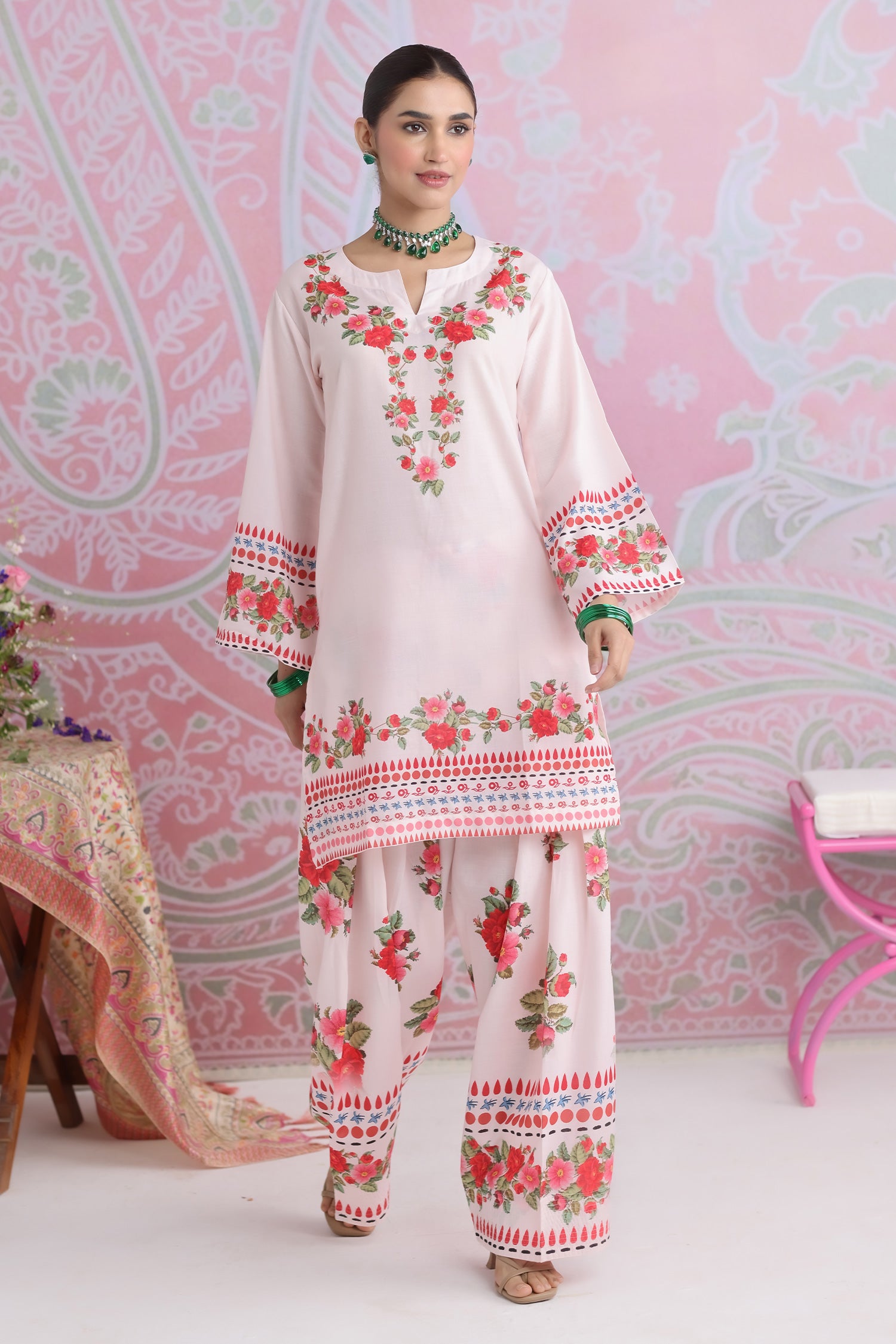 Blush Pink Floral Printed Lawn Cotton Kurta Set with Farsi Pants