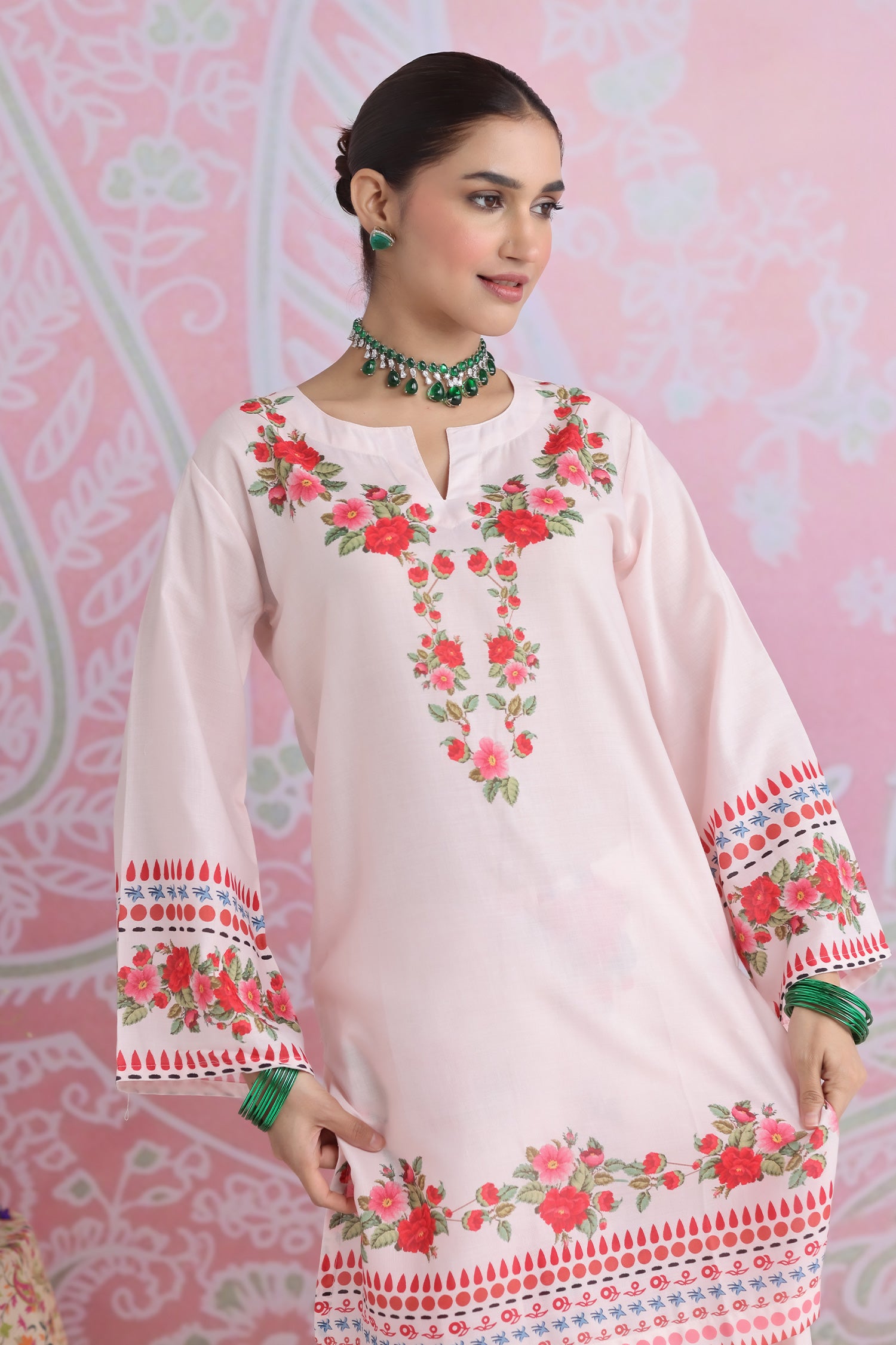 Blush Pink Floral Printed Lawn Cotton Kurta Set with Farsi Pants