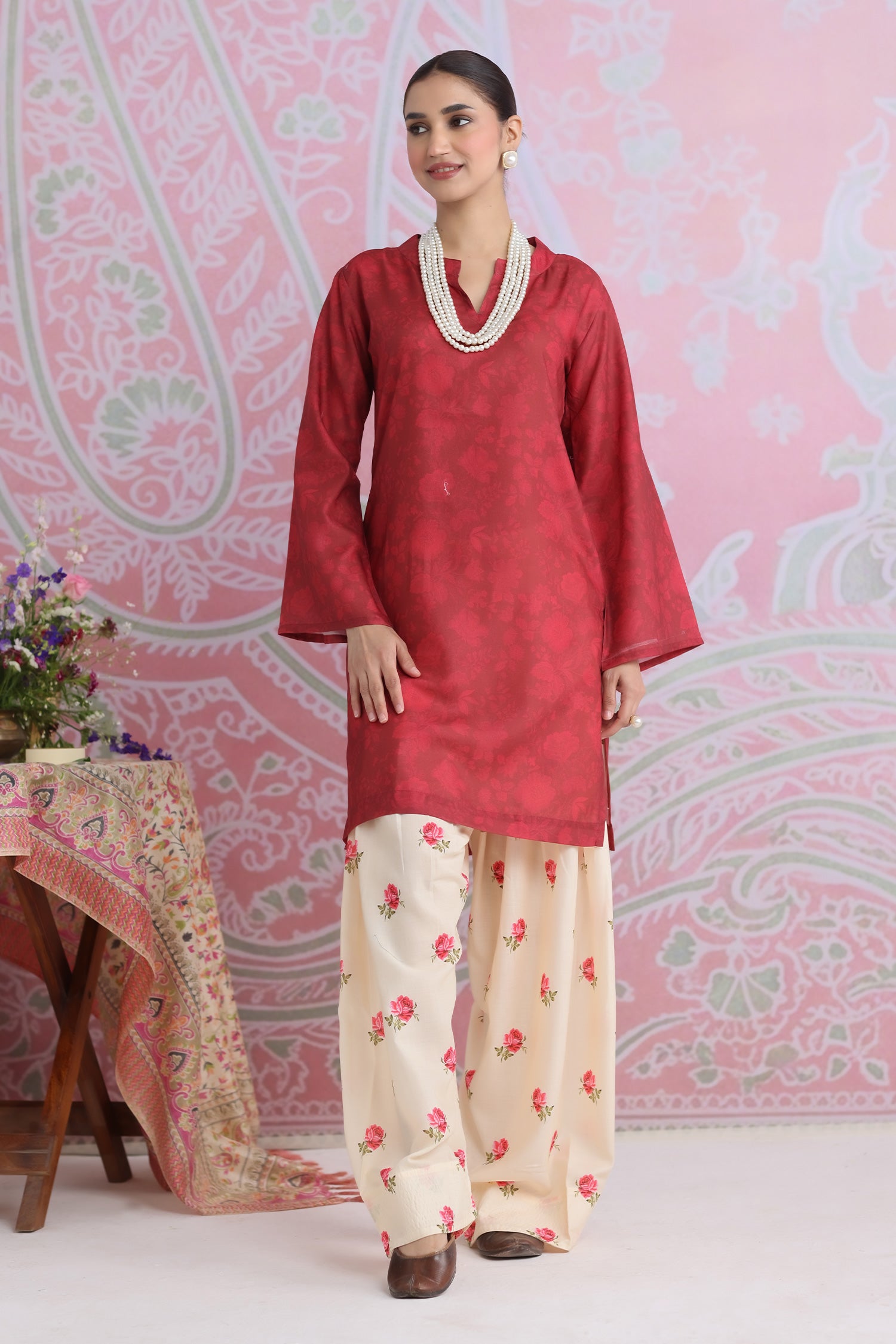 Red Printed Lawn Cotton Kurta Set with Farsi Pants