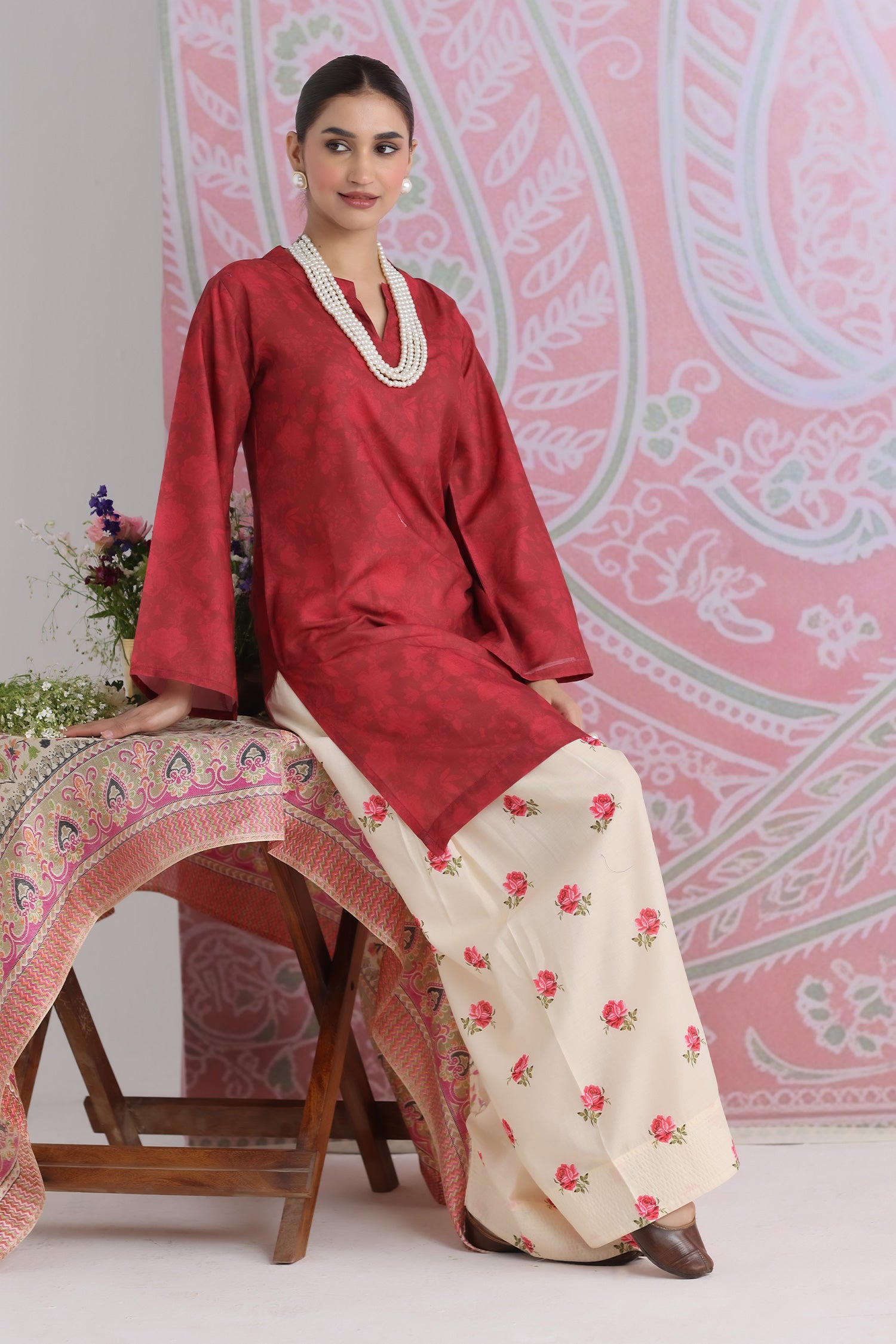 Red Printed Lawn Cotton Kurta Set with Farsi Pants