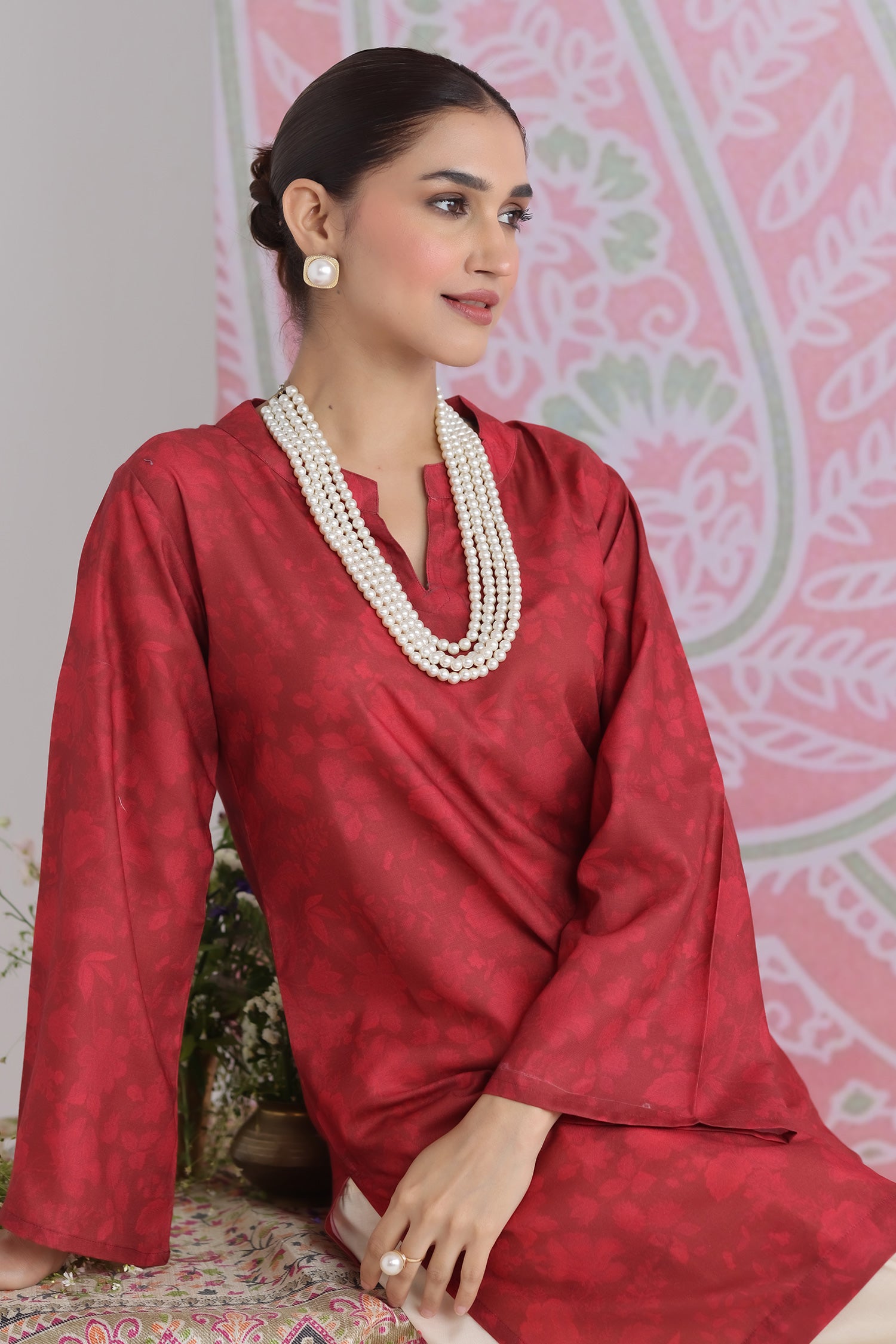 Red Printed Lawn Cotton Kurta Set with Farsi Pants