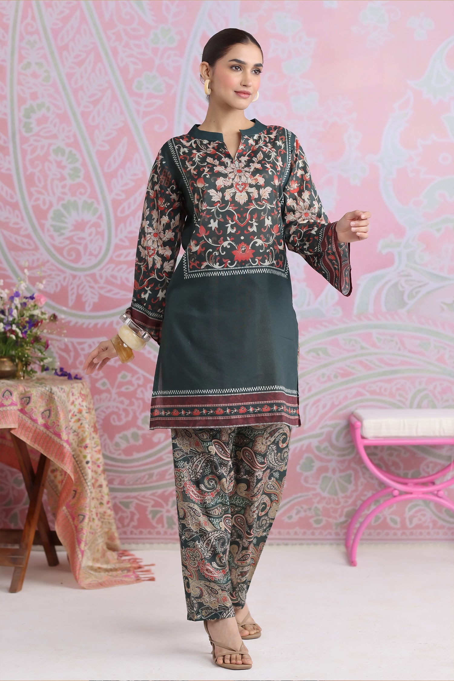 Emerald Green Printed Shimmer Lawn Cotton Kurta Set with Straight Pants