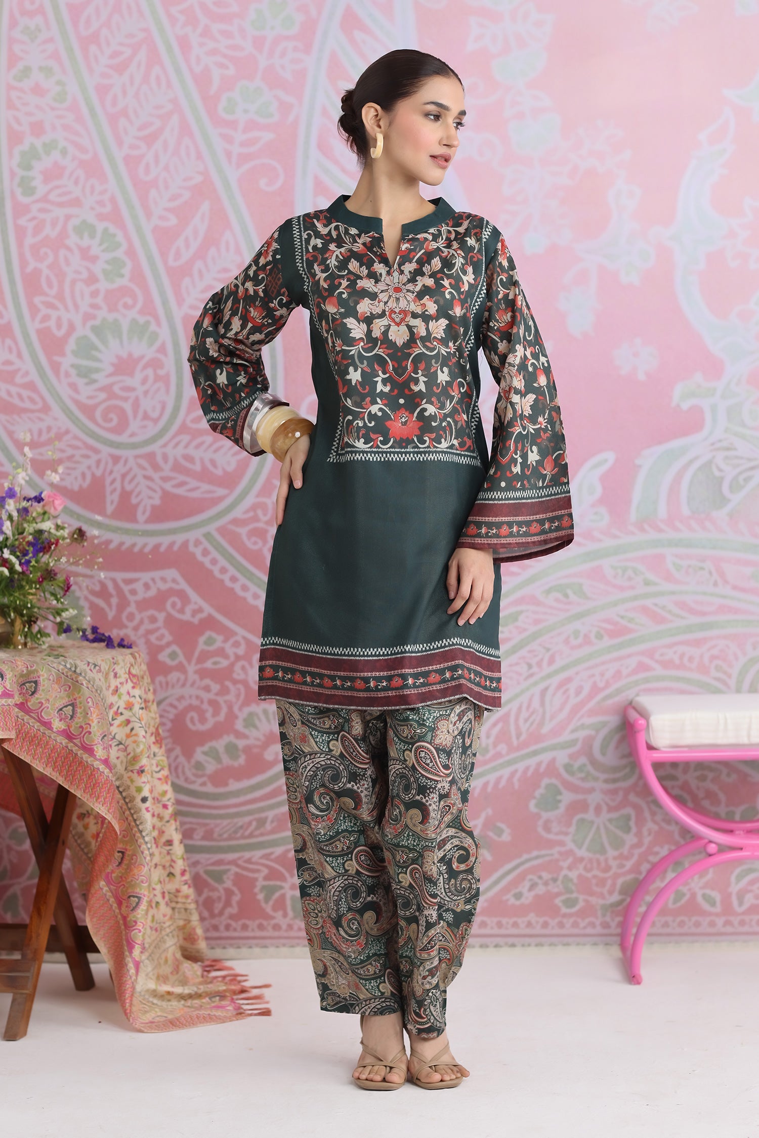 Emerald Green Printed Shimmer Lawn Cotton Kurta Set with Straight Pants