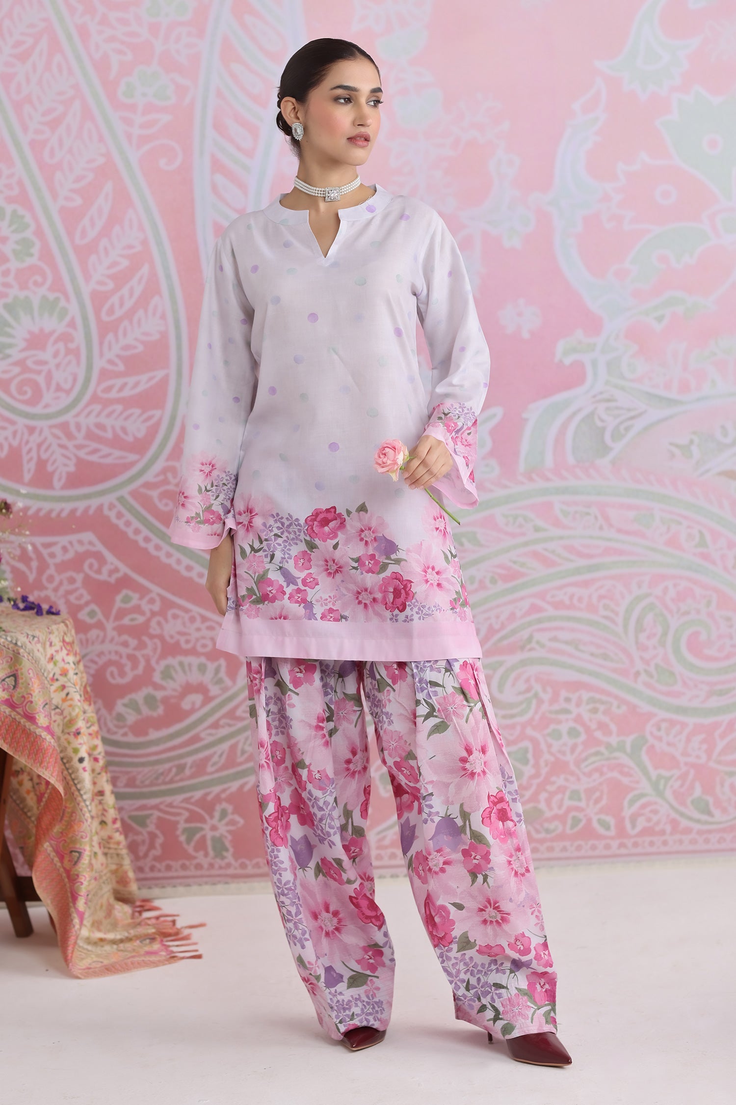 Blush Pink Printed Lawn Cotton Kurta Set with Farsi Pants