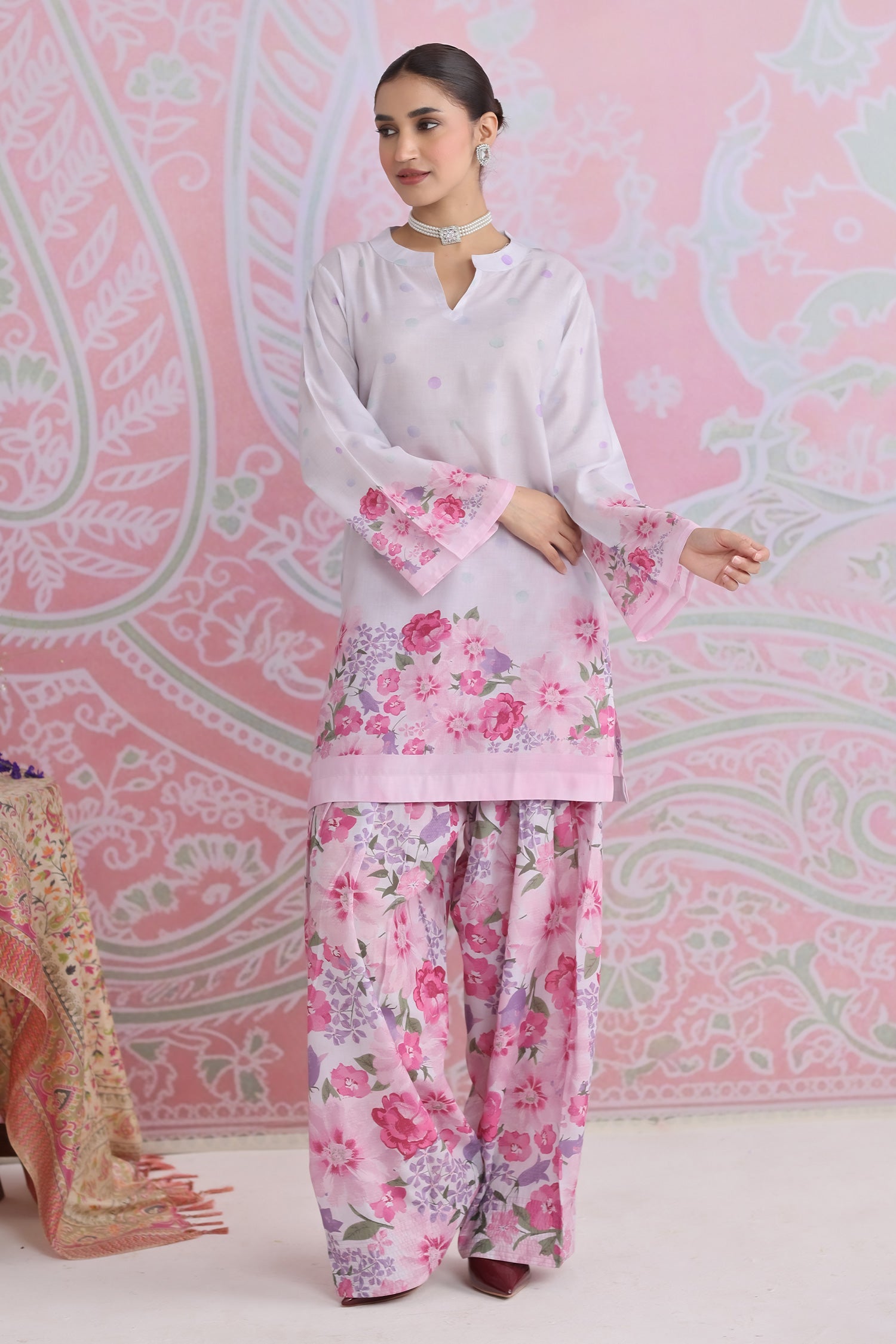 Blush Pink Printed Lawn Cotton Kurta Set with Farsi Pants