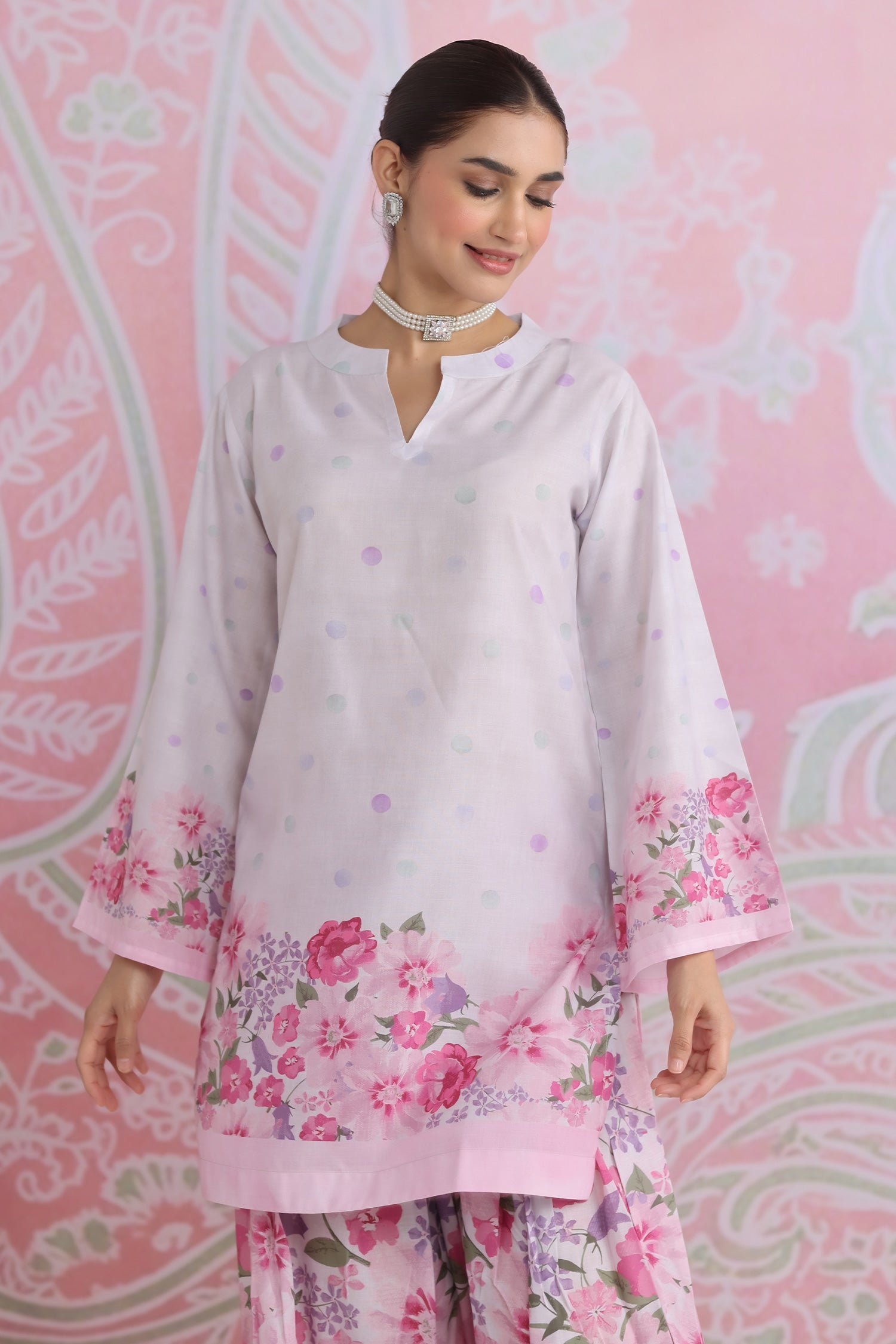 Blush Pink Printed Lawn Cotton Kurta Set with Farsi Pants