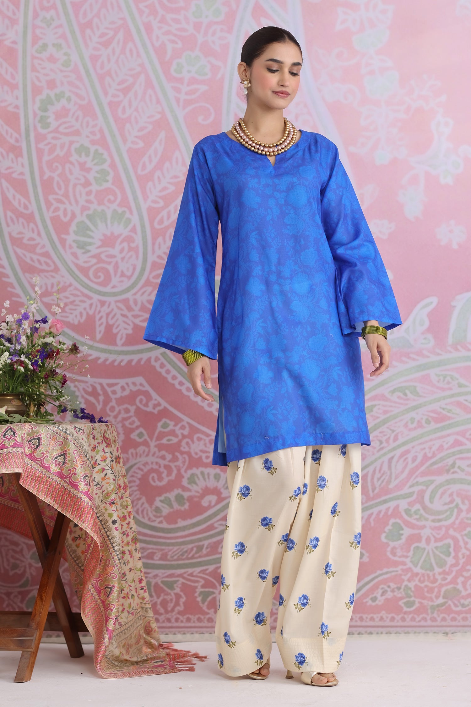 Blue Printed Lawn Cotton Kurta Set with Farsi Pants